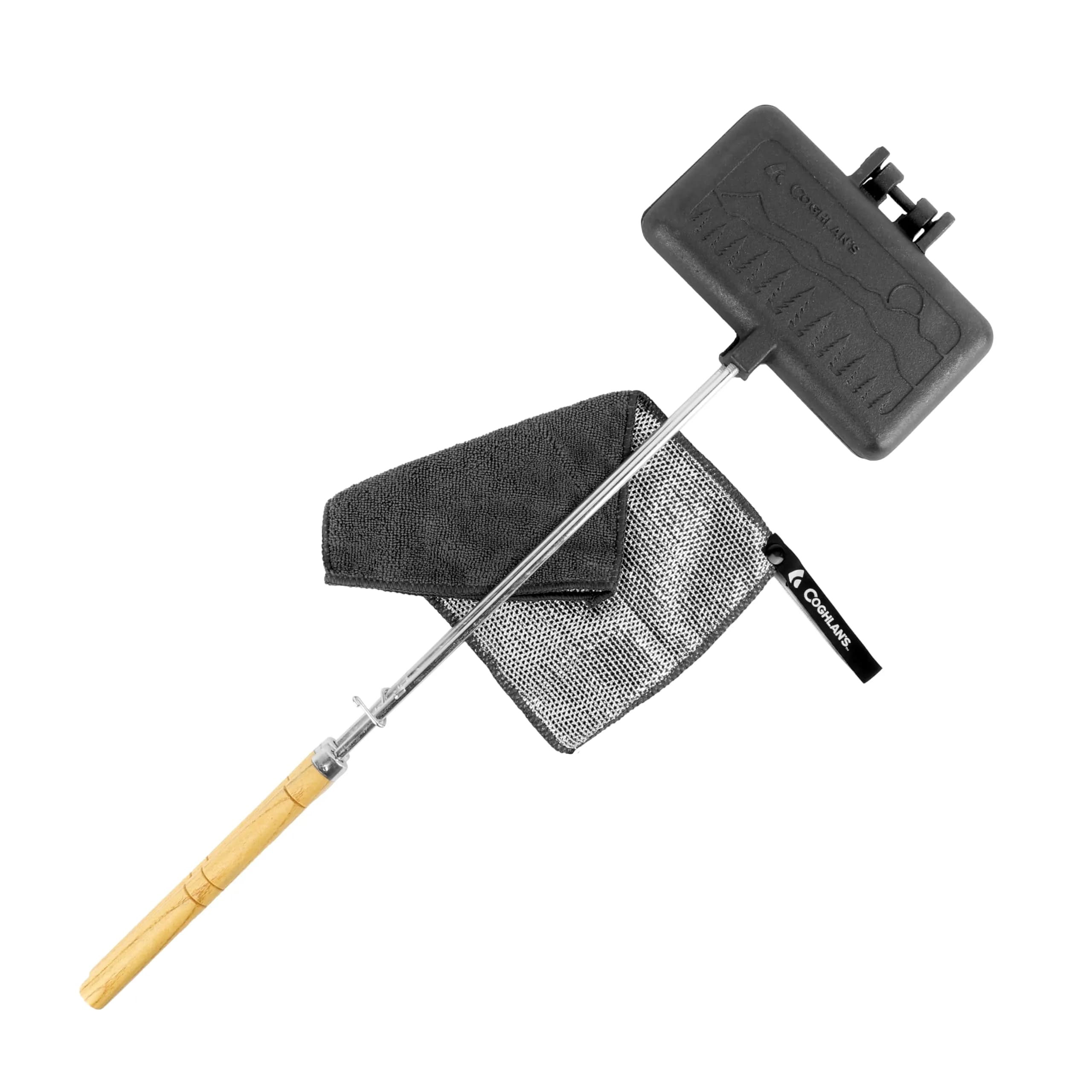 Coghlan's Double Cast Iron Camp Cooker – Pre-Seasoned Double Pie Iron for Campfire Cooking, Makes 2 Camping Pies at Once, Removable Handles, Wooden Grips & Cleaning Scrubber