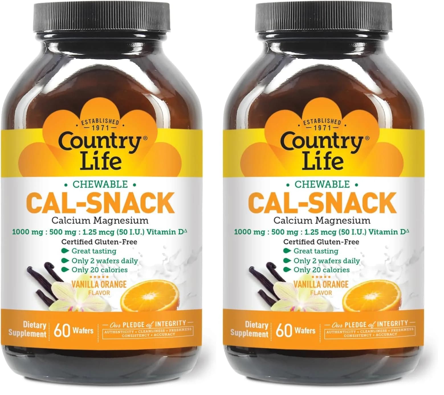 Country Life Cal-Snack Chewable Calcium Magnesium with Vitamin D 60 Wafers Vanilla Orange | Dairy-Free, Vegan, Gluten-Free