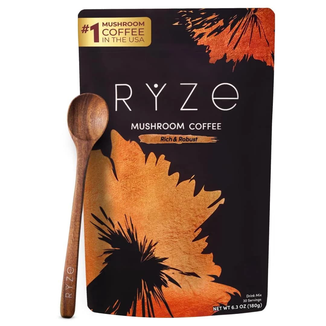 RYZE SUPERFOODS Mushroom Coffee Dark Roast, 6 Adaptogenic Mushrooms & Prebiotic Blend, Instant Coffee Supports Energy, Focus, Digestion & Immunity, Lions Mane & Turkey Tail, 30 Servings - main product image
