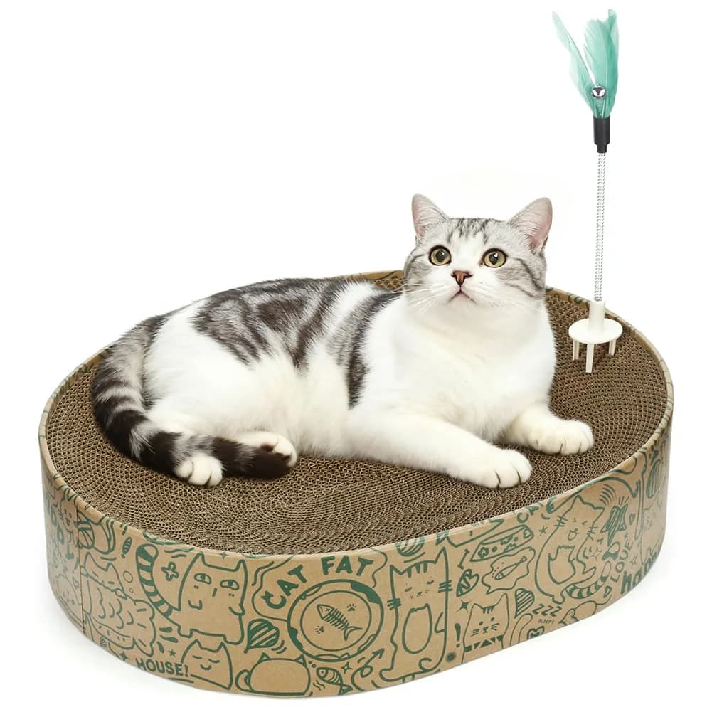 ARGOPET Oval Cat Scratcher Bed with Toy | 43cm (17in) Curved Cardboard Lounger for Indoor Cats - main product image