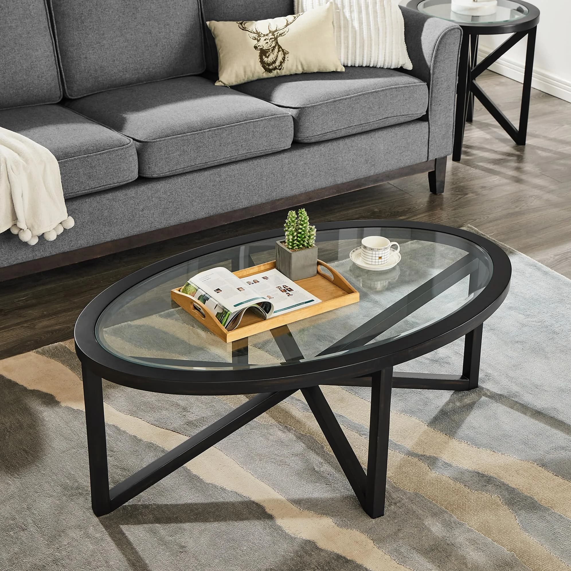BAYYELL 46 inch Round Coffee Table Tempered Glass Solid Wood Base | Modern Living Room Centerpiece - main product image