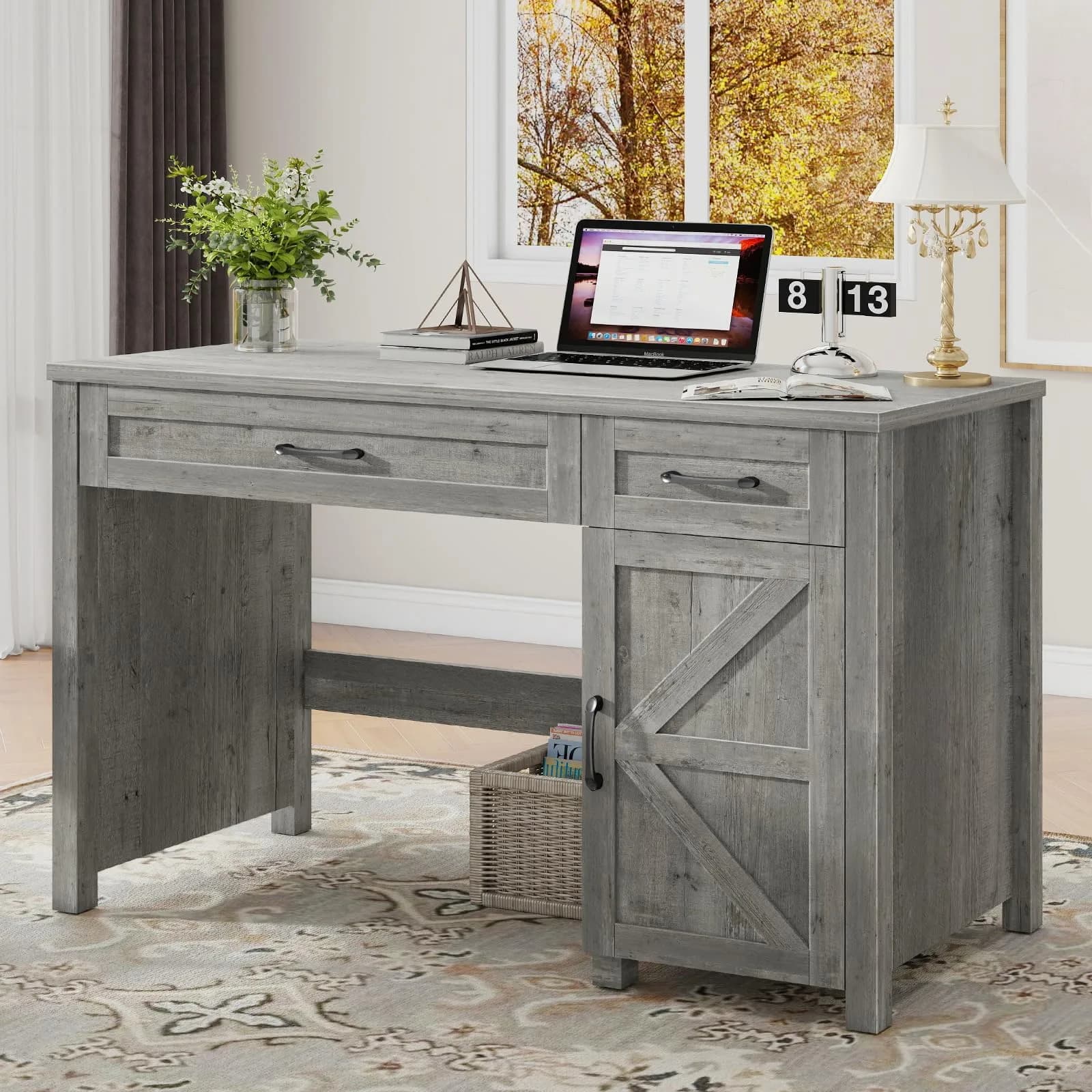 Halitaa Farmhouse 47" Executive Desk, Grey | Stylish Home Office Workstation - main product image