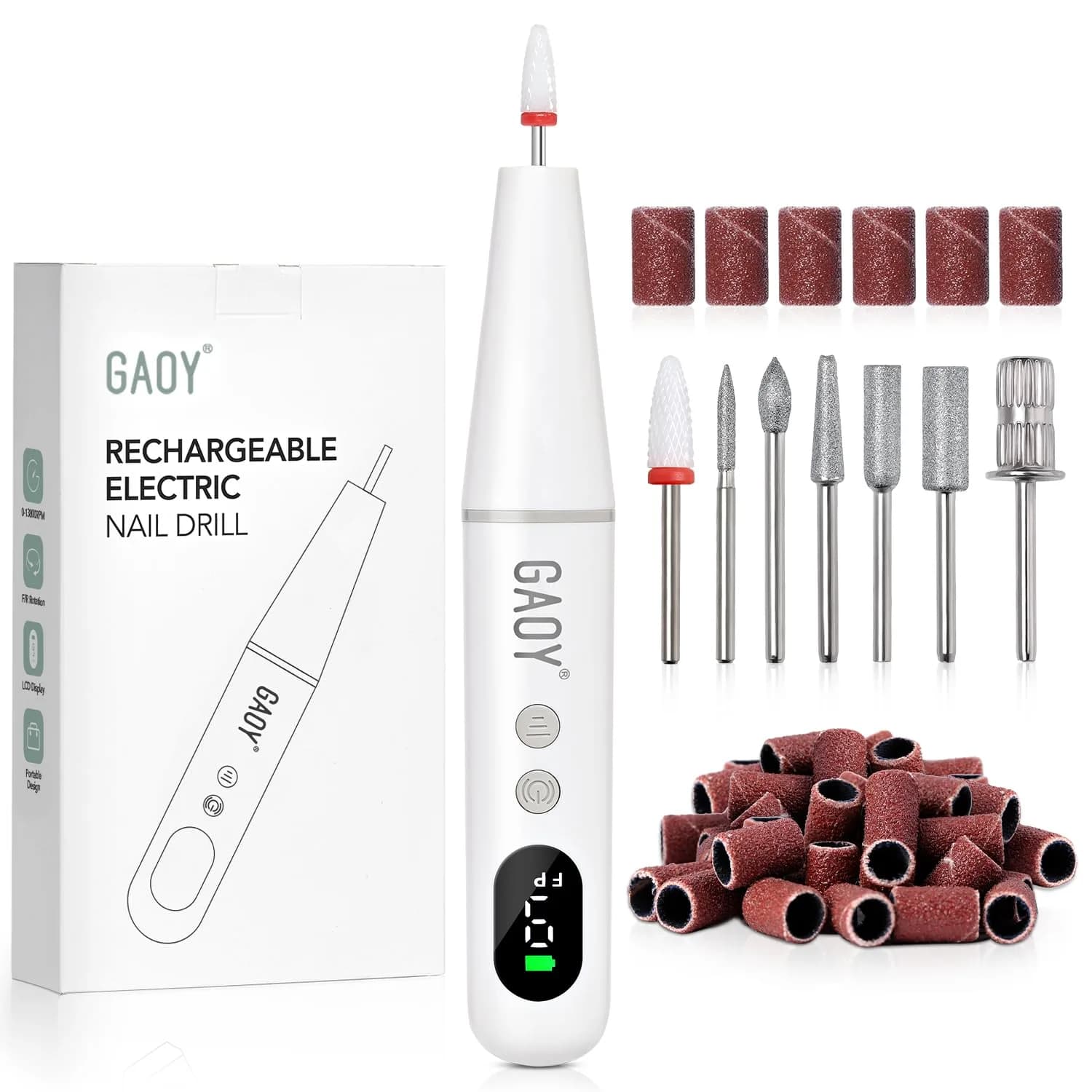 GAOY Cordless Nail Drill White | Rechargeable Electric Nail File with LED Display - main product image