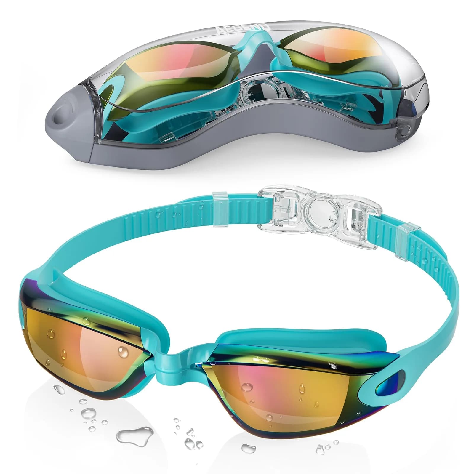 Aegend Adult & Youth Swim Goggles | Mirrored Cyan Red, 1-Pack - main product image