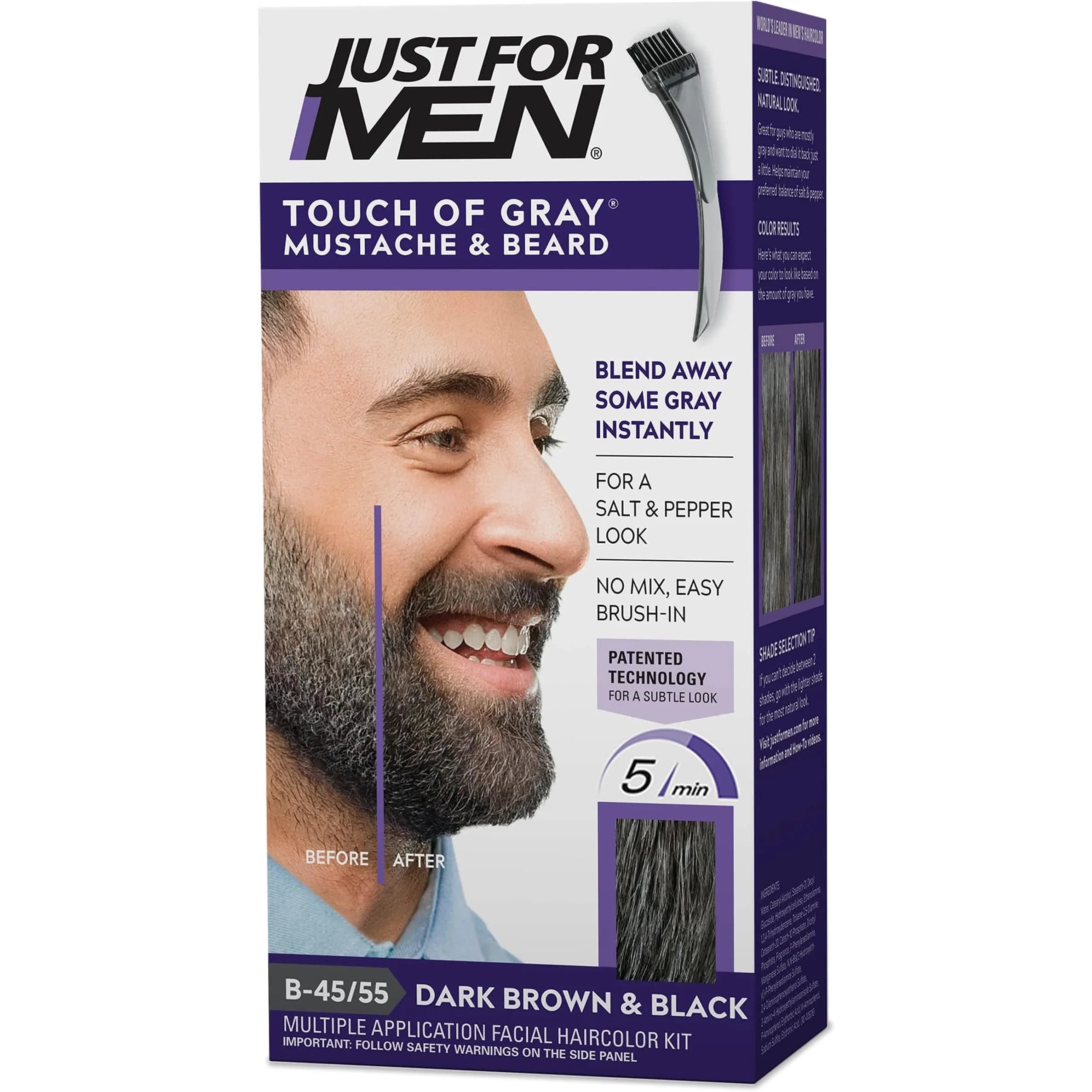 Just For Men Touch of Gray Mustache & Beard Coloring B-45/55 Dark Brown & Black, 30ml (1 fl oz) | Reduces Gray for a Salt & Pepper Look - main product image