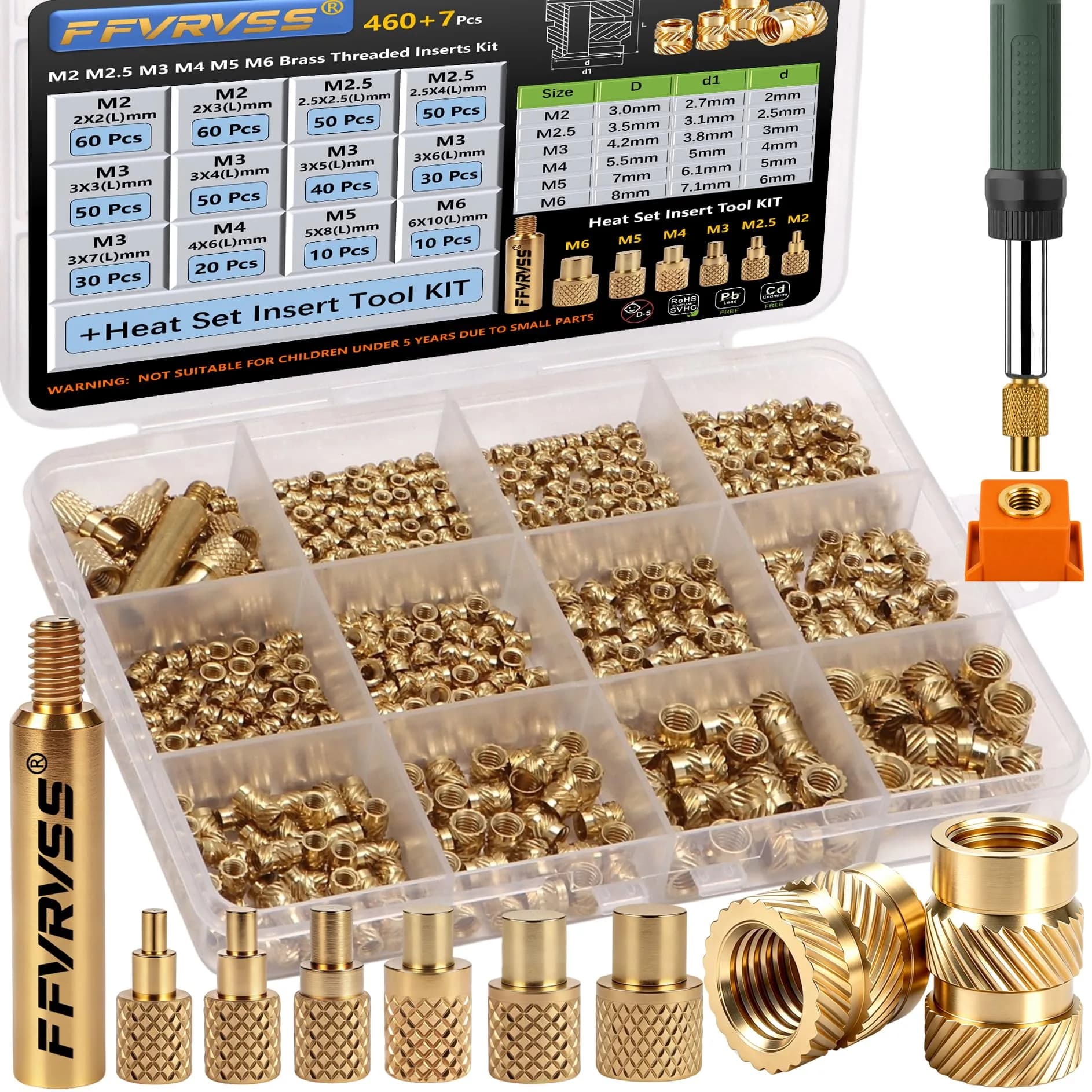 FFVRVSS Brass Threaded Inserts Kit M2-M6 (460+7Pcs) | Heat Set Tool Included for 3D Printing - main product image