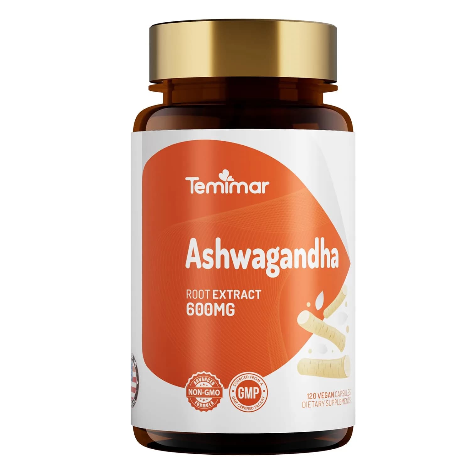 Temimar Ashwagandha Supplements, Ashwagandha Root Extract 600mg for Women & Men, Made in USA, Gluten Free, Vegan, 120 Capsules