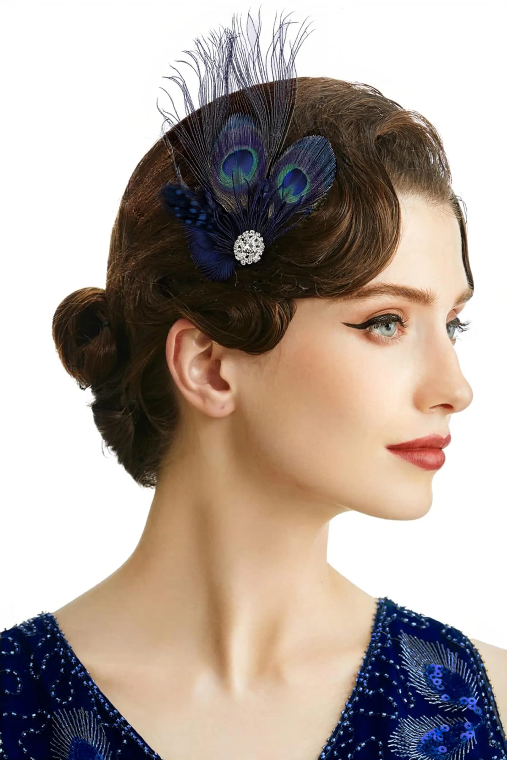 BABEYOND Peacock Feather Hair Clip with Rhinestones | 1920s Peacock Flapper Fascinator, One Size Fits Most, Navy Blue