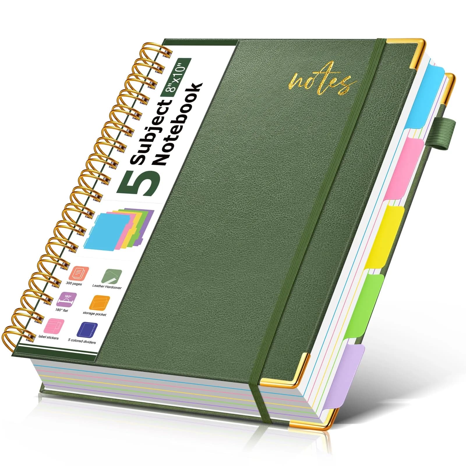 PAPEJOON 5 Subject Spiral Notebook 300 Pages (8"x10" / 22.2cm x 25.7cm) | College Ruled Vegan Leather Organizer - main product image