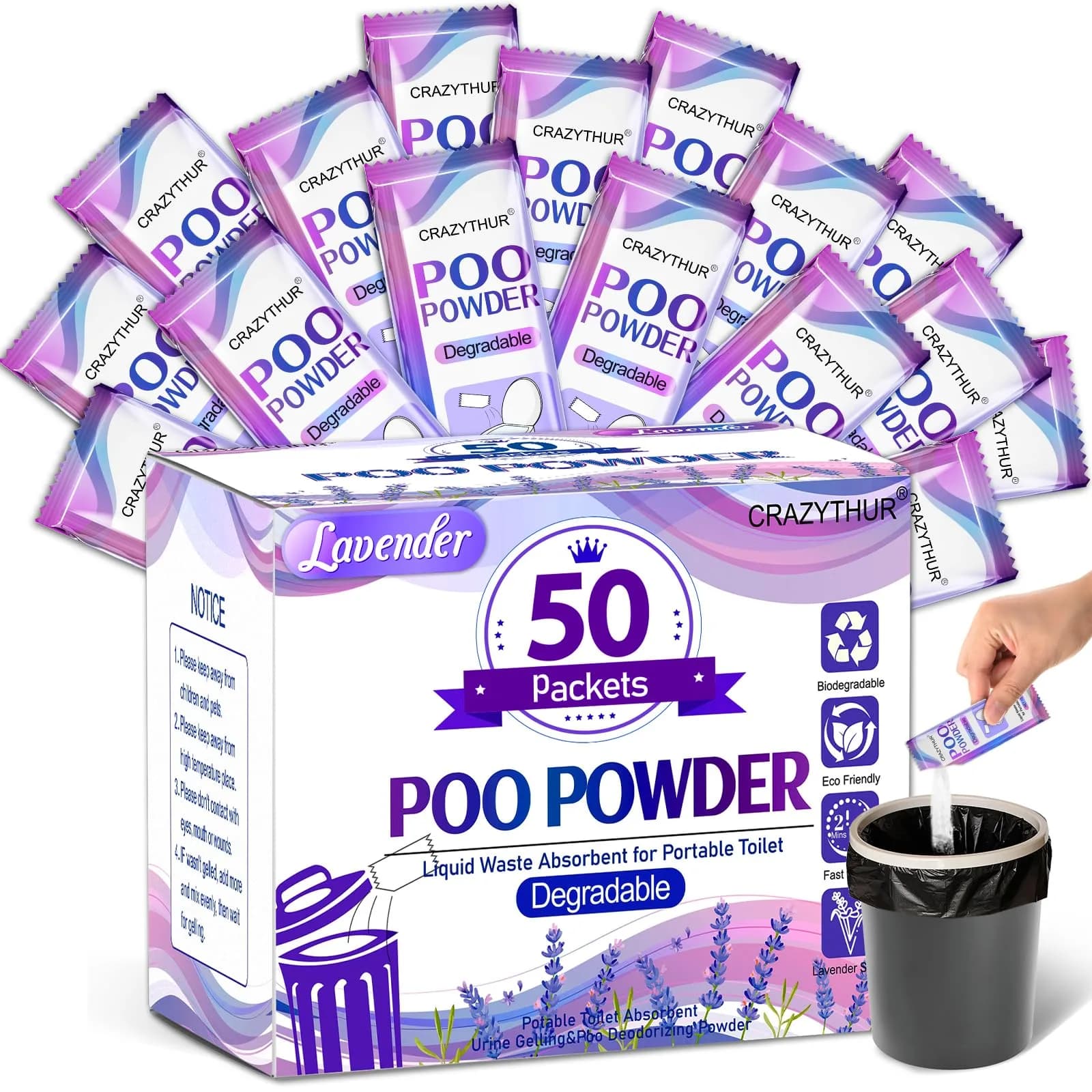 CRAZYTHUR Poo Powder Gel Powder 50PCS Lavender Scent | Solidifies 1000ml Water or 650ml Urine - main product image