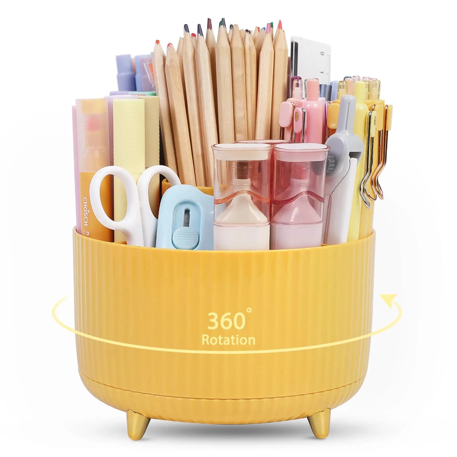 SKYDUE Rotating Desk Organizer with 5 Slots, Dual-Purpose Pen Holder (Yellow, 1 Pack) | Efficient Storage for Office & Home - main product image