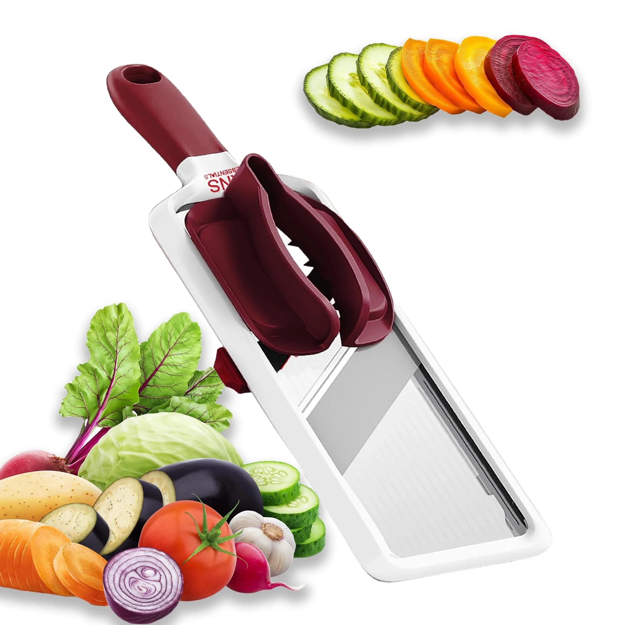 KNS ESSENTIALS Mandoline Slicer – Adjustable Stainless Steel Blades, with Comfort Grip – Vegetable Slicer for Small to Medium sized Cucumber, Onion, Potato - main product image