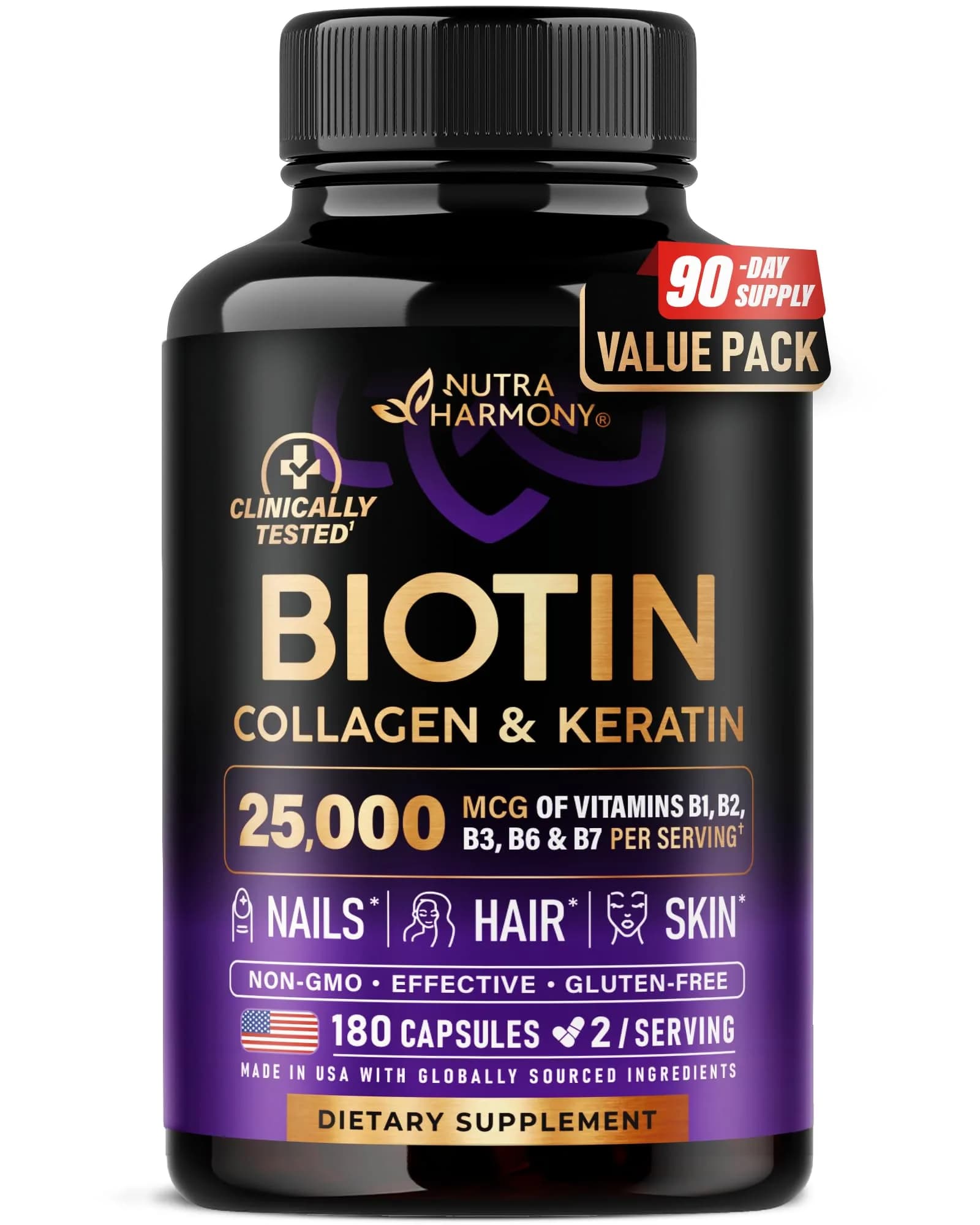 NUTRAHARMONY Biotin Collagen Keratin Supplement with Hyaluronic Acid & B Vitamins, 180 Capsules | Clinically Tested for Hair Growth & Nail Strength - main product image