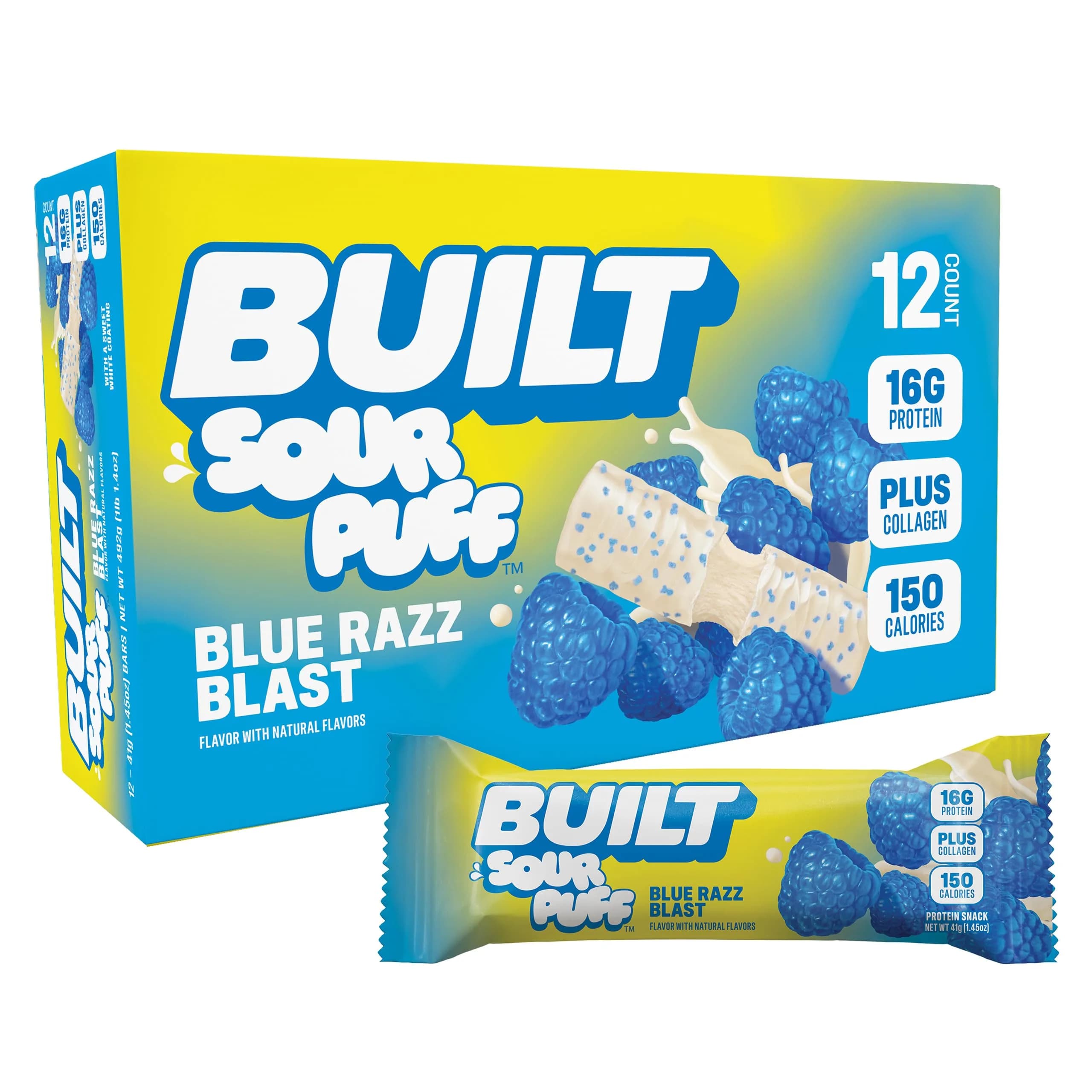 BUILT Sour Puff Protein Bar Blue Razz Blast 16g Protein 12 Count | High Protein Snack Bar for Energy - main product image