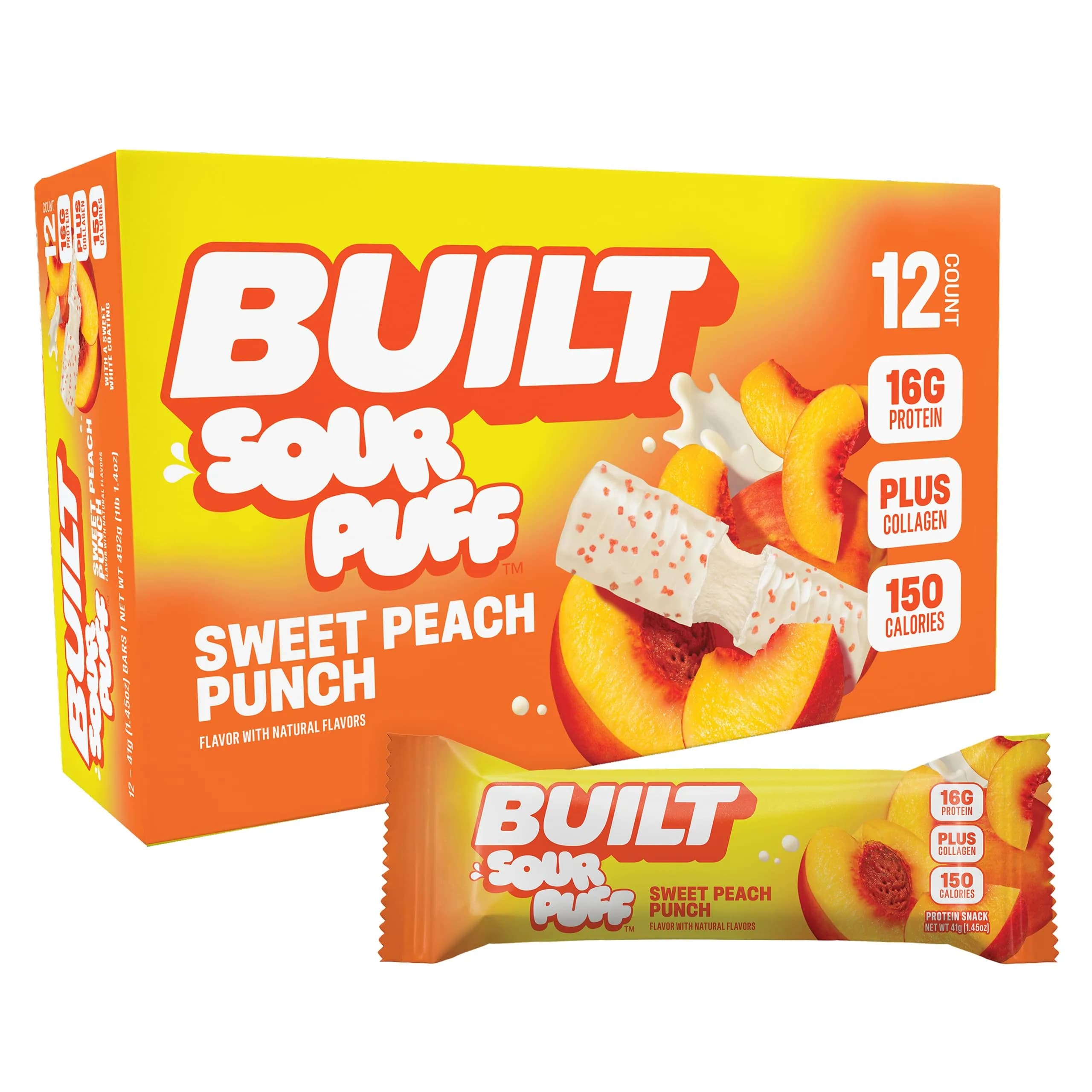 Built Bar Sour Puff Protein Bar Sweet Peach Punch 16g Protein 12 Bars | High Protein Snack Bar - main product image