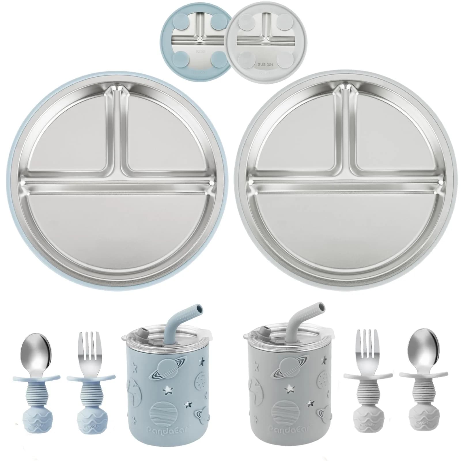PandaEar Stainless Steel Baby Feeding Set | 2 Divided Plates, 2 Straw Cups, 2 Utensil Sets | BPA-Free, Dishwasher Safe (Blue & Grey) - main product image