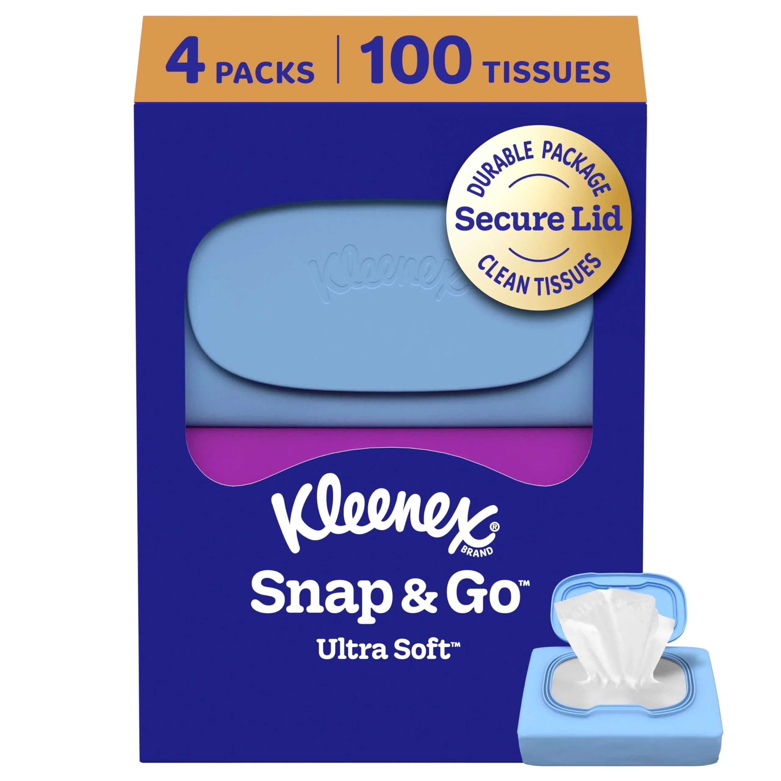 Kleenex Snap & Go Ultra Soft Facial Tissues 25 Tissues per Pack (4-Pack, 100 Tissues Total) | Hypoallergenic & Irritation-Free - main product image