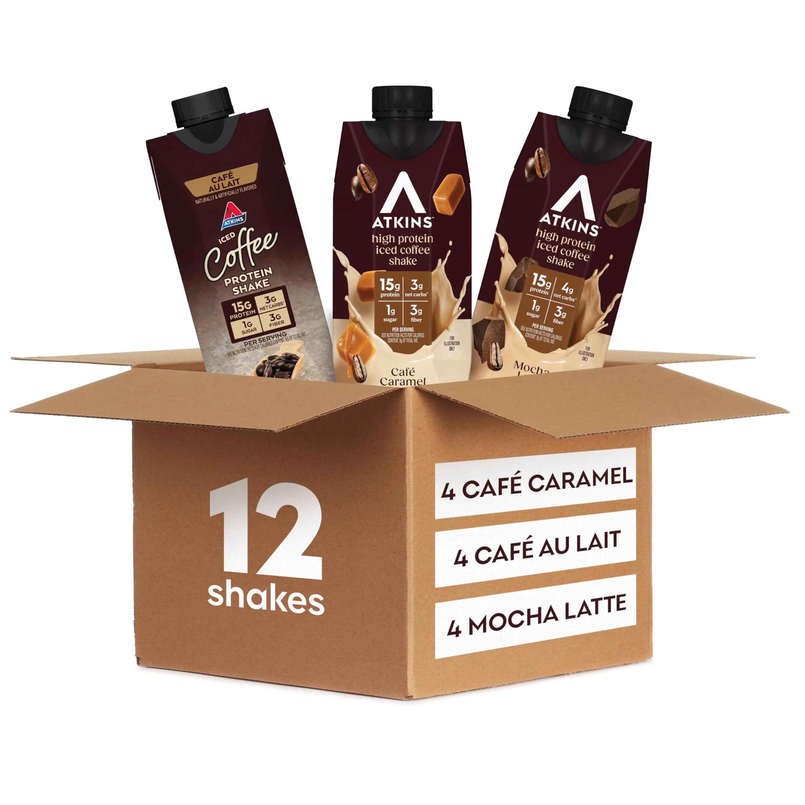 Atkins Coffee Lovers Variety Pack Protein Shake 11 Oz (12 Count) | Mocha Latte, Caramel, Au Lait Flavors - main product image