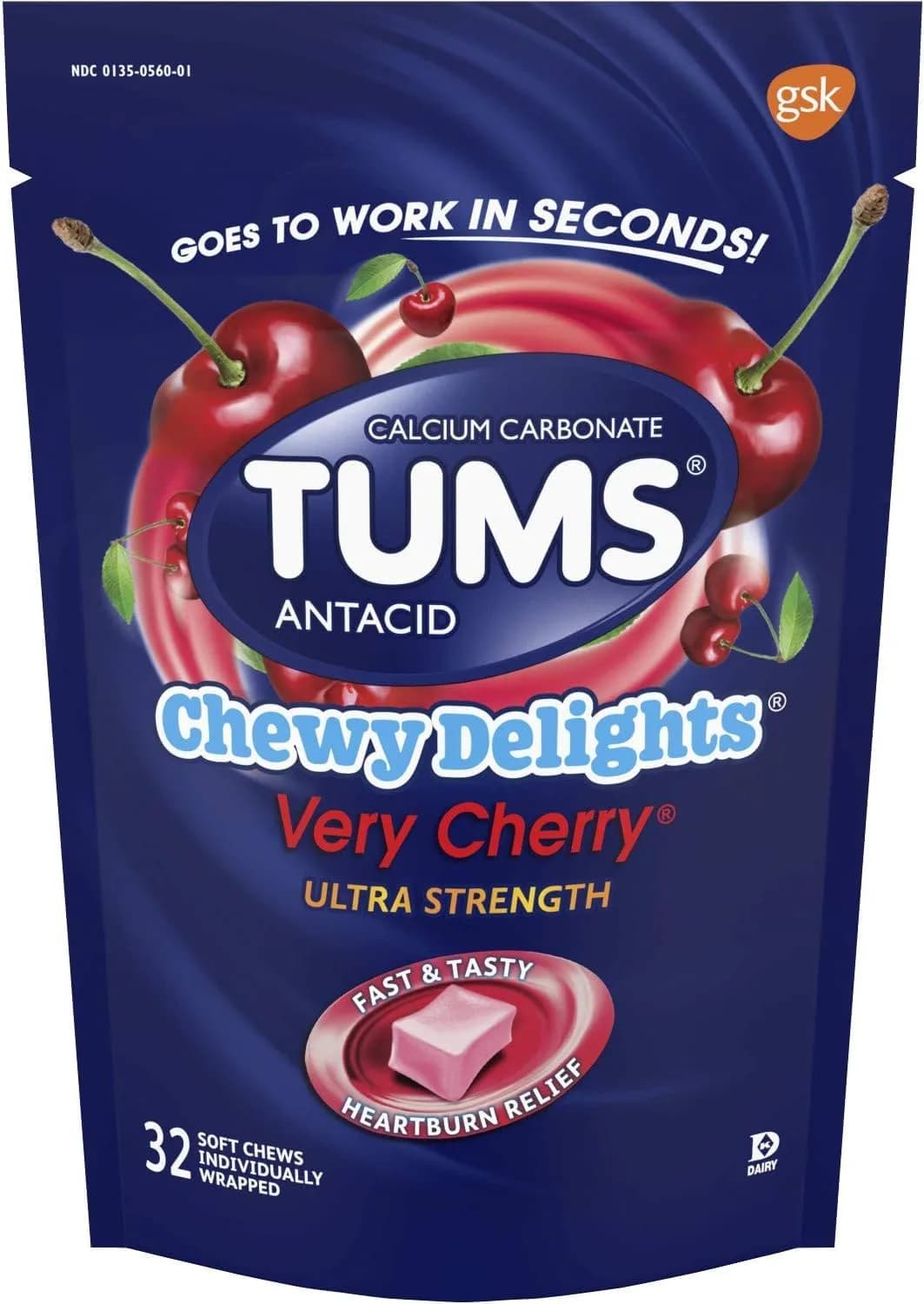 TUMS Chewy Delights Ultra Strength Antacid Soft Chews 32 Count | Fast Heartburn Relief, Cherry Flavor