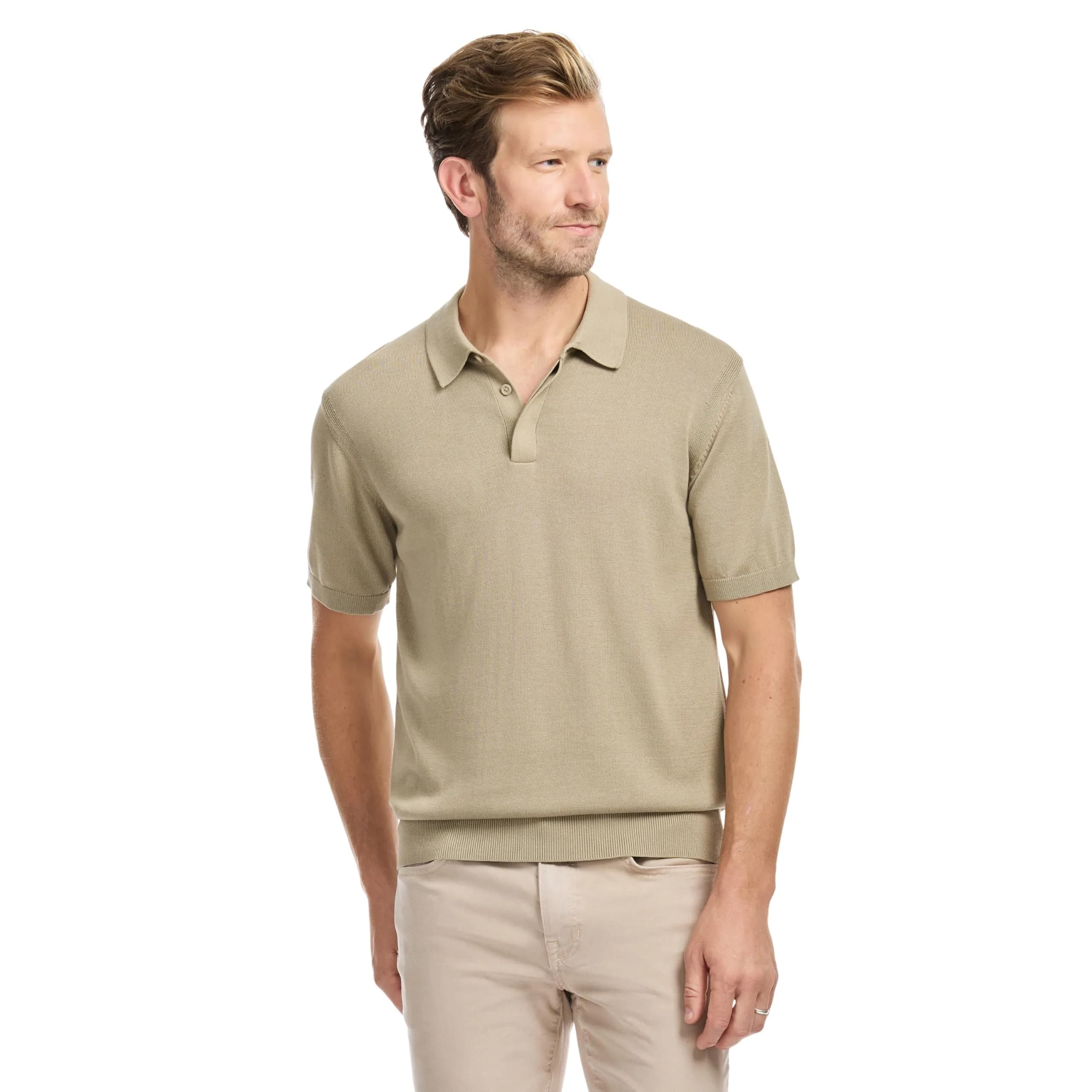 SAKS FIFTH AVENUE Men's Short Sleeve Rib Knit Sweater Polo | Premium Cotton Blend Knit Top, Classic-Fit & Richly Detailed (70-120c)