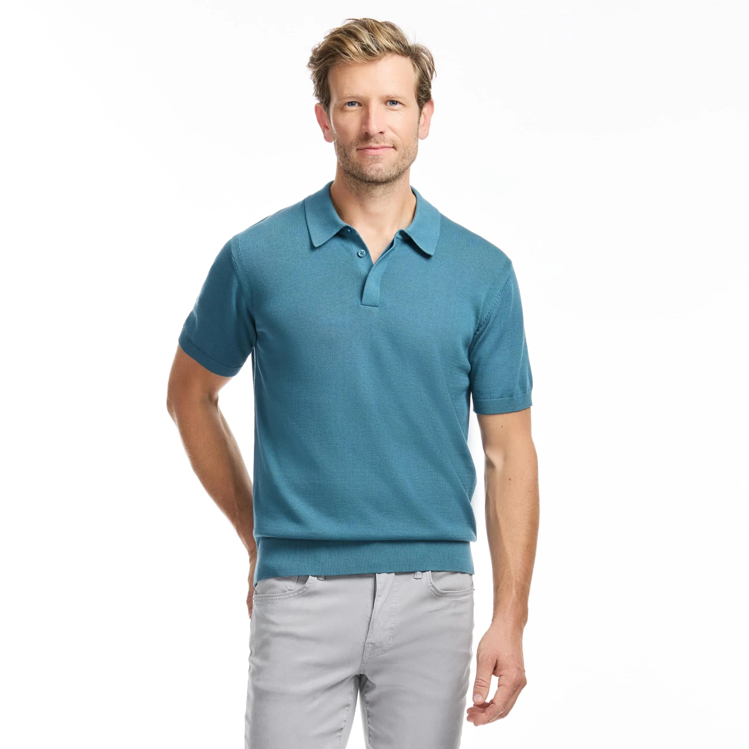 SAKS Fifth Avenue Men's Short Sleeve Rib Knit Sweater Polo, Premium Cotton Blend Knit Top, Classic-Fit & Richly Detailed, Teal, XS | Modern Casual Elegance
