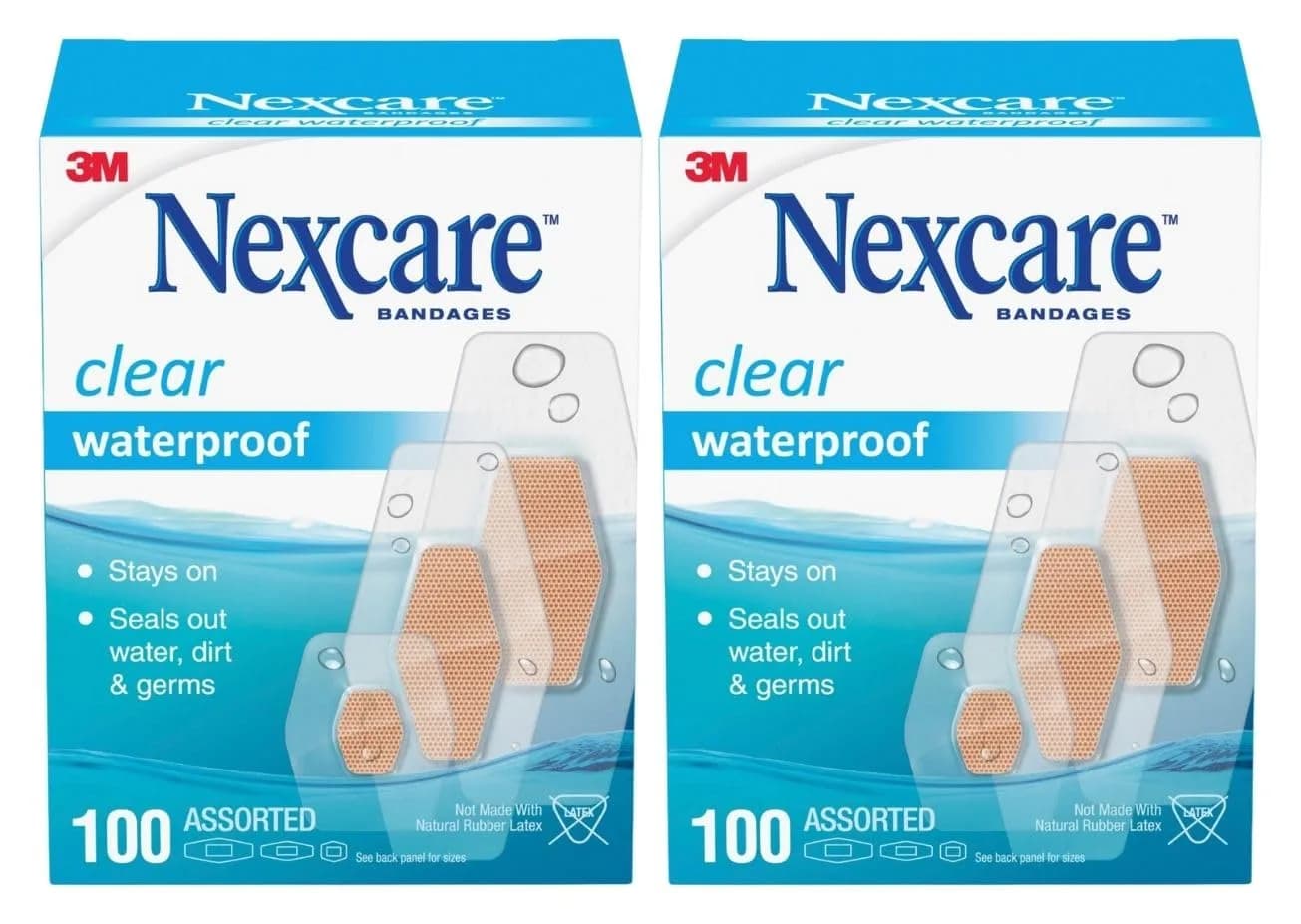 Nexcare Waterproof Clear Bandages Assorted Sizes 200 Count (100 Count Pack of 2) | 360 Degree Seal for Water, Dirt, Germ Protection - main product image