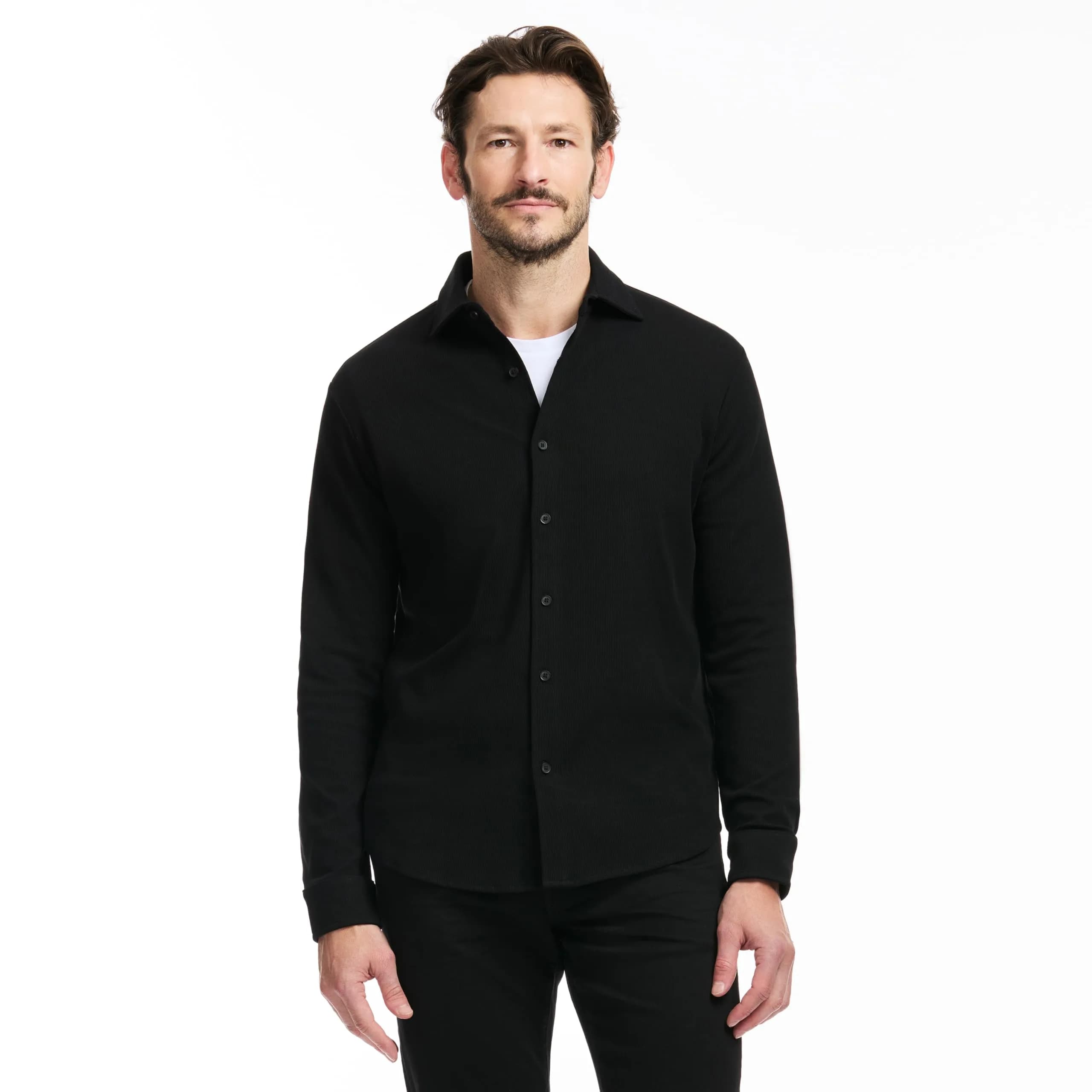 SAKS Fifth Avenue Men's Long Sleeve Textured Pique Button Down | Premium Cotton Blend Knit Top, Classic-Fit & Richly Detailed (70-120 chars)