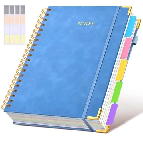 dilitego Hardcover Spiral Notebook Journal with Dividers, 300 Pages Leather 5 Subject Notebook, 8"x10" B5, Light Blue - main product image