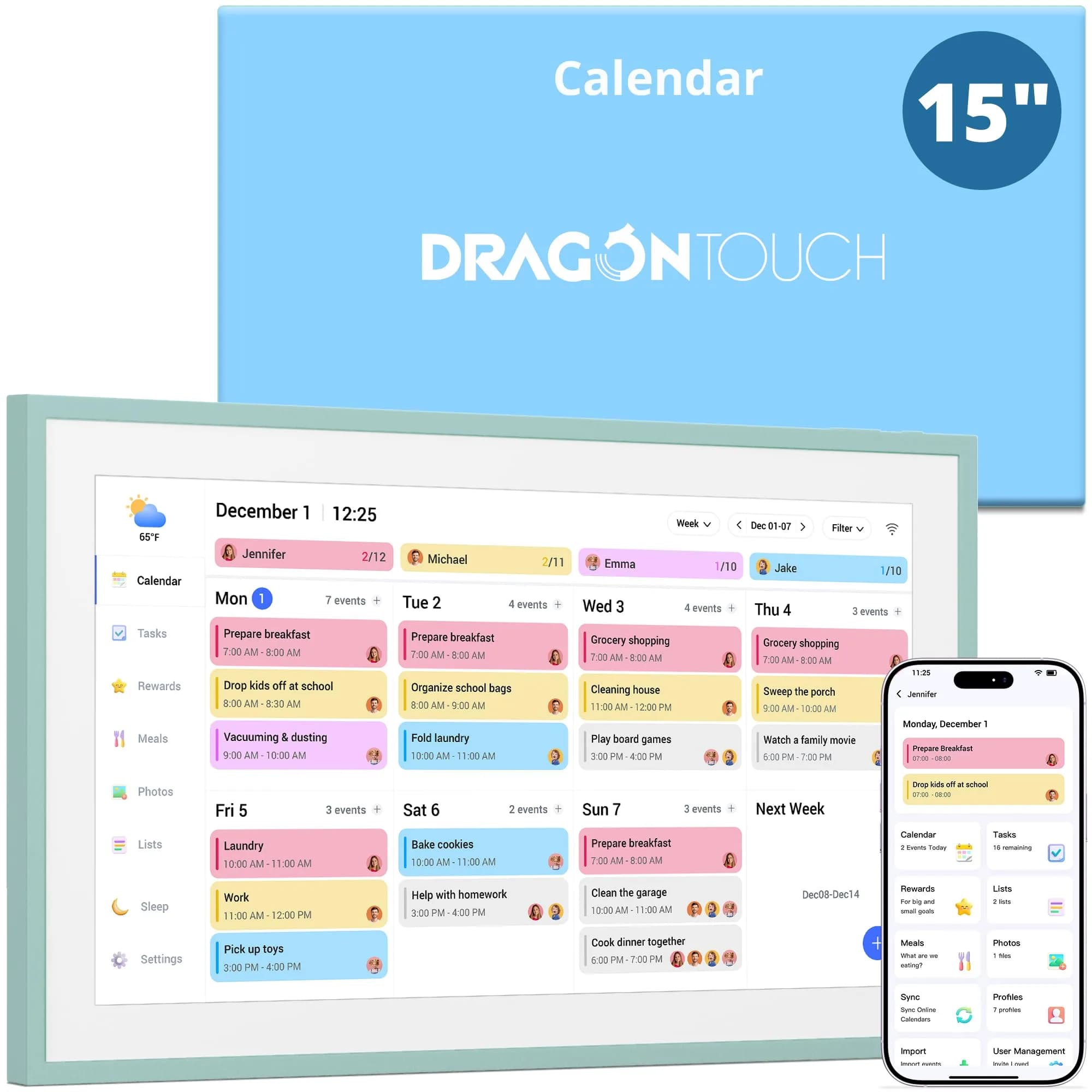 Dragon Touch 15.6 inch Digital Calendar & Chore Chart | Touchscreen Family Planner, Digital Picture Frame in Green