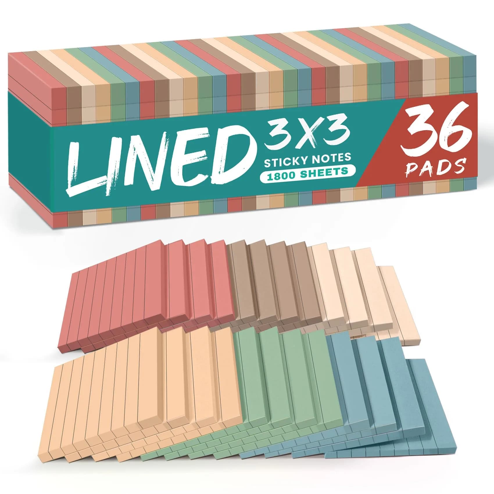 Taja Lined Sticky Notes 3x3 Inches, 36 Pads | Vintage Pastel Colors for Organization - main product image