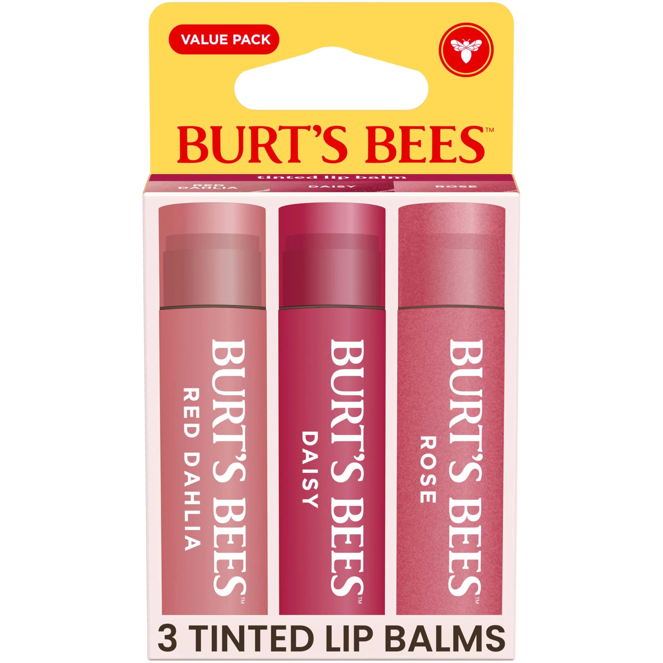 Burt's Bees Tinted Lip Balm Value Pack, Red Dahlia, Daisy & Rose, 0.45 oz (3 Tubes) | 8-Hour Moisture & Hint of Color - main product image