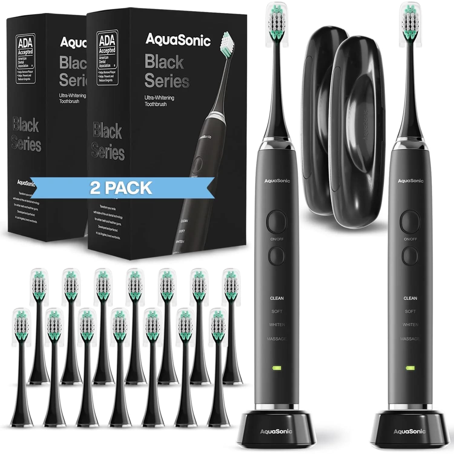Aquasonic Black Series Ultra Whitening Toothbrush 2-Pack | ADA Accepted Electric Toothbrush with 8 Brush Heads & Travel Case - main product image