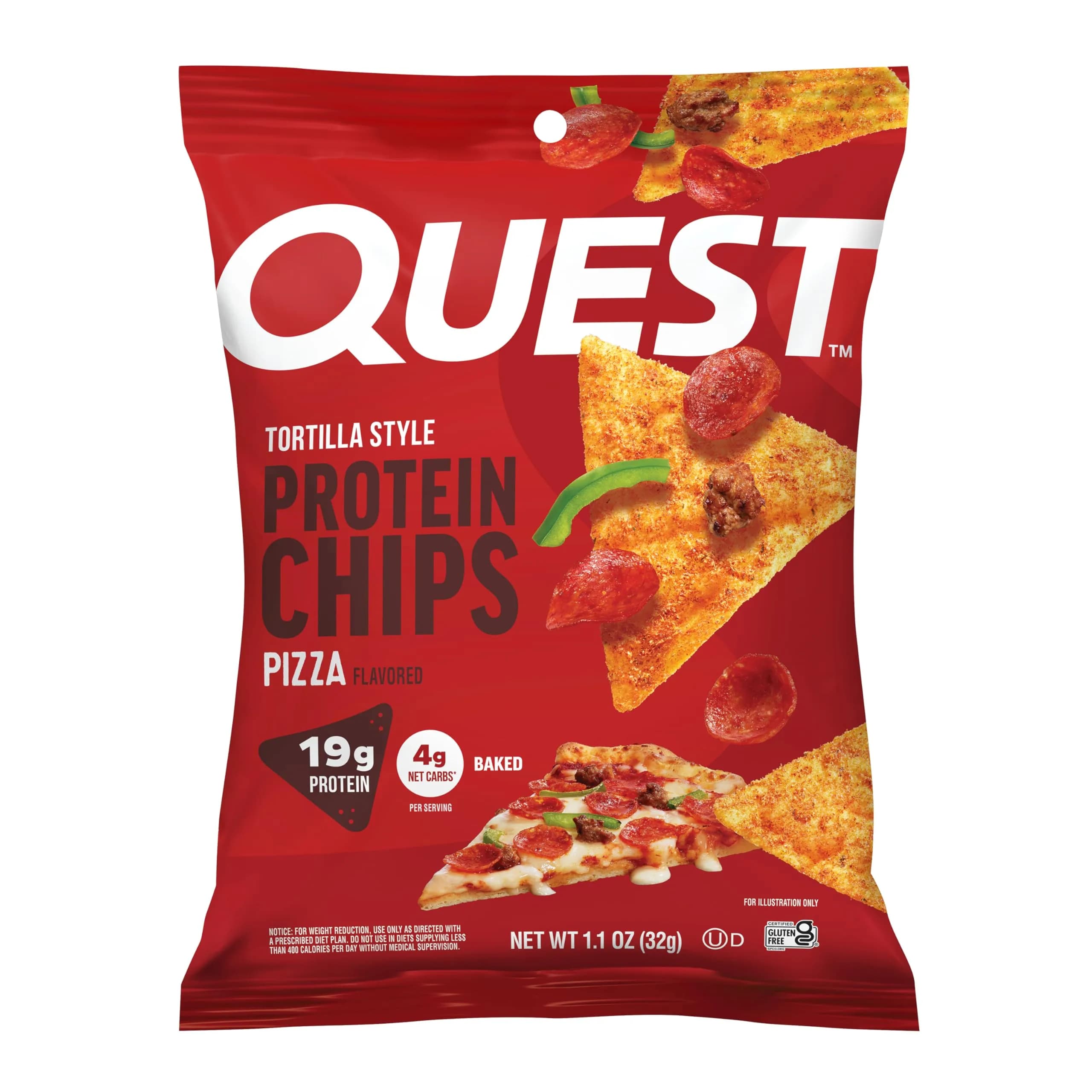 Quest Pizza Flavored Tortilla Style Protein Chips 19g Protein 4g Net Carbs 12 Count (1.01 oz bags) - main product image
