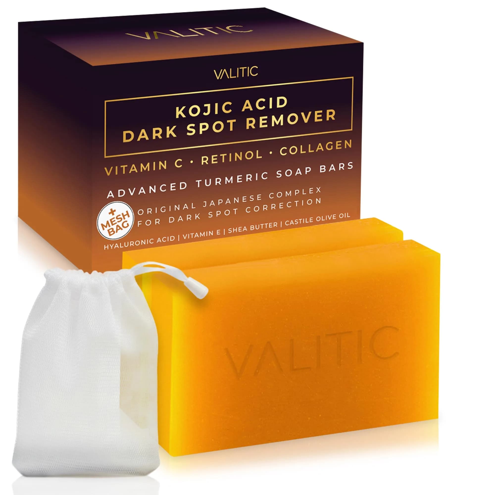 VALITIC Kojic Acid Dark Spot Corrector Soap Bars with Vitamin C, Retinol, Collagen, Turmeric & Hyaluronic Acid, 2 Bars | Gentle Cleansing for Even Tone - main product image