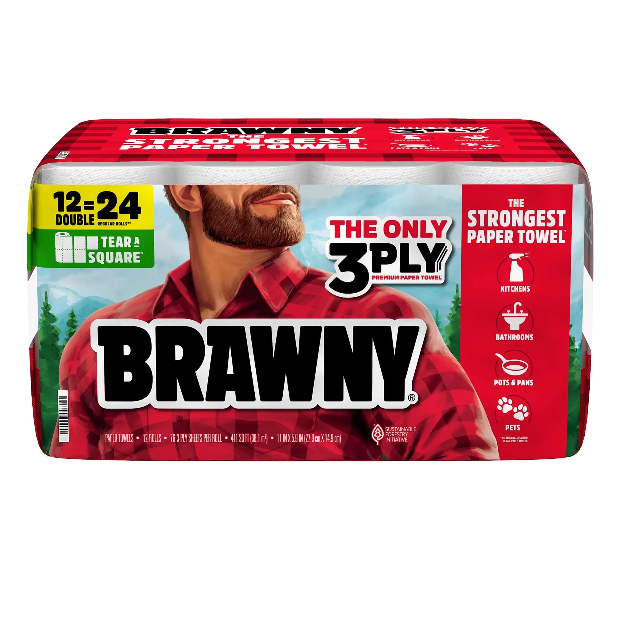 Brawny Tear-A-Square 3-Ply Paper Towels, 12 Double Rolls | Strong, Absorbent, and Durable with 3 Sheet Sizes - main product image