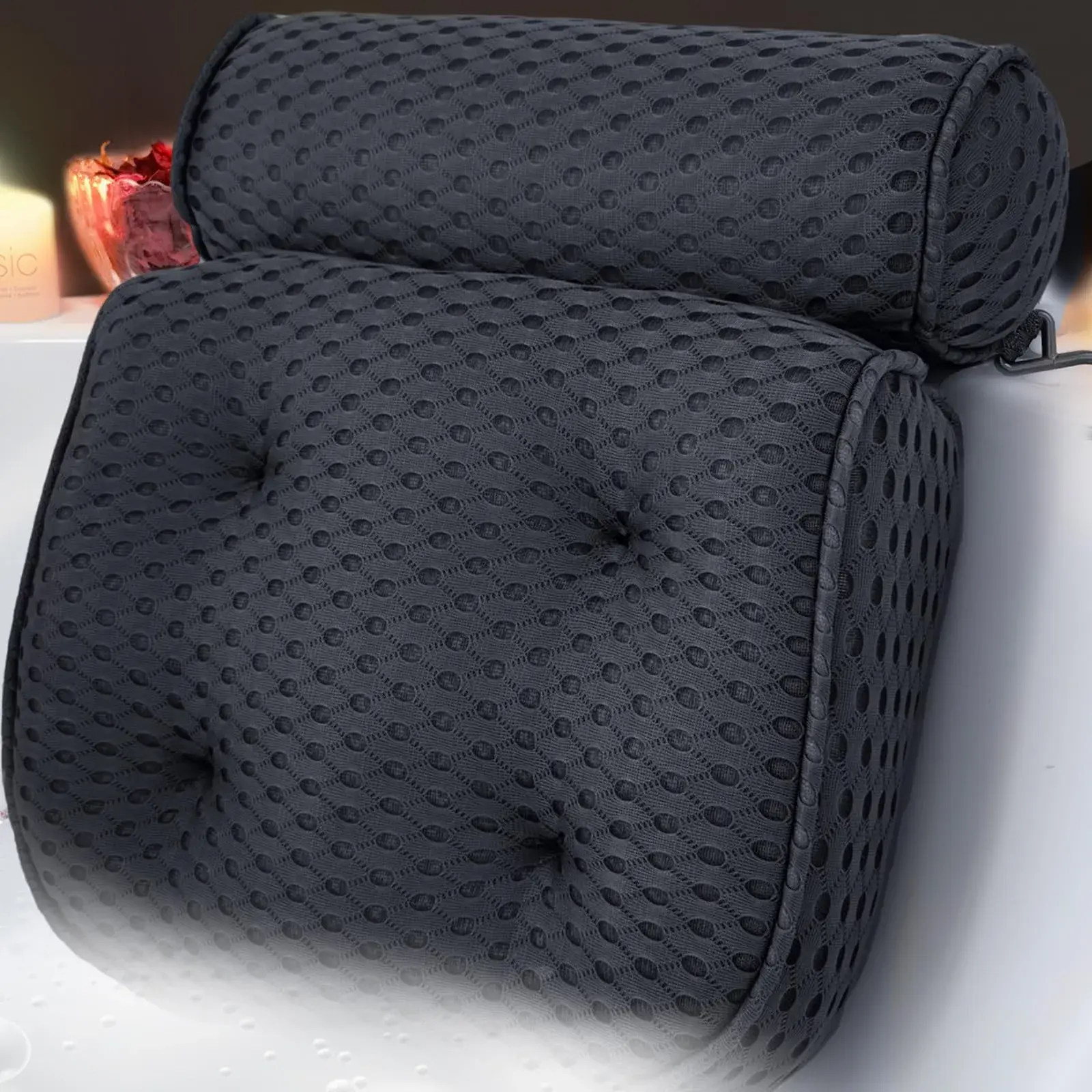 AEROiVi Luxury Bath Pillow for Tub | Soft Mesh Head and Neck Support with 6 Suction Cups, Black - main product image