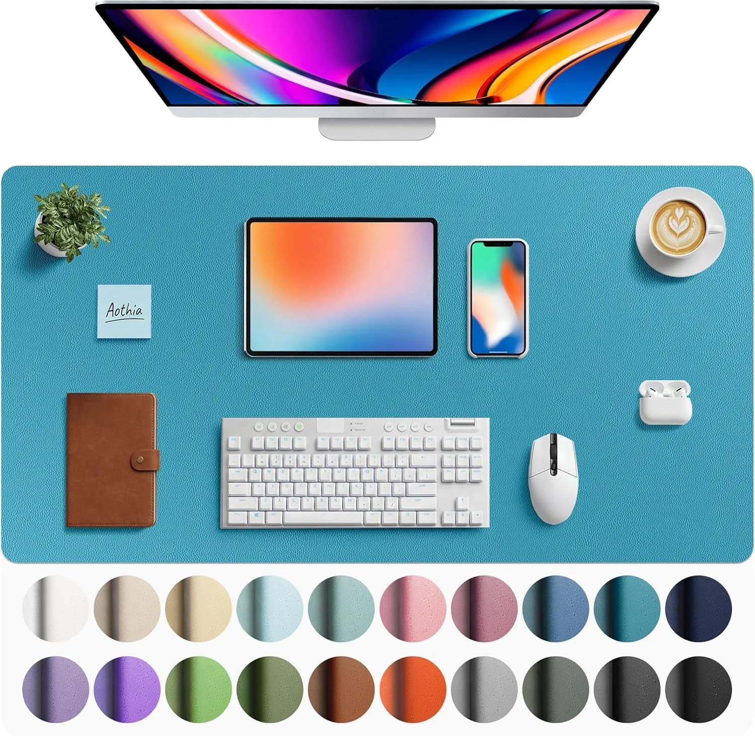Aothia Turquoise Faux Leather Desk Mat XL (40" x 24") | Waterproof & Non-Slip Surface - main product image