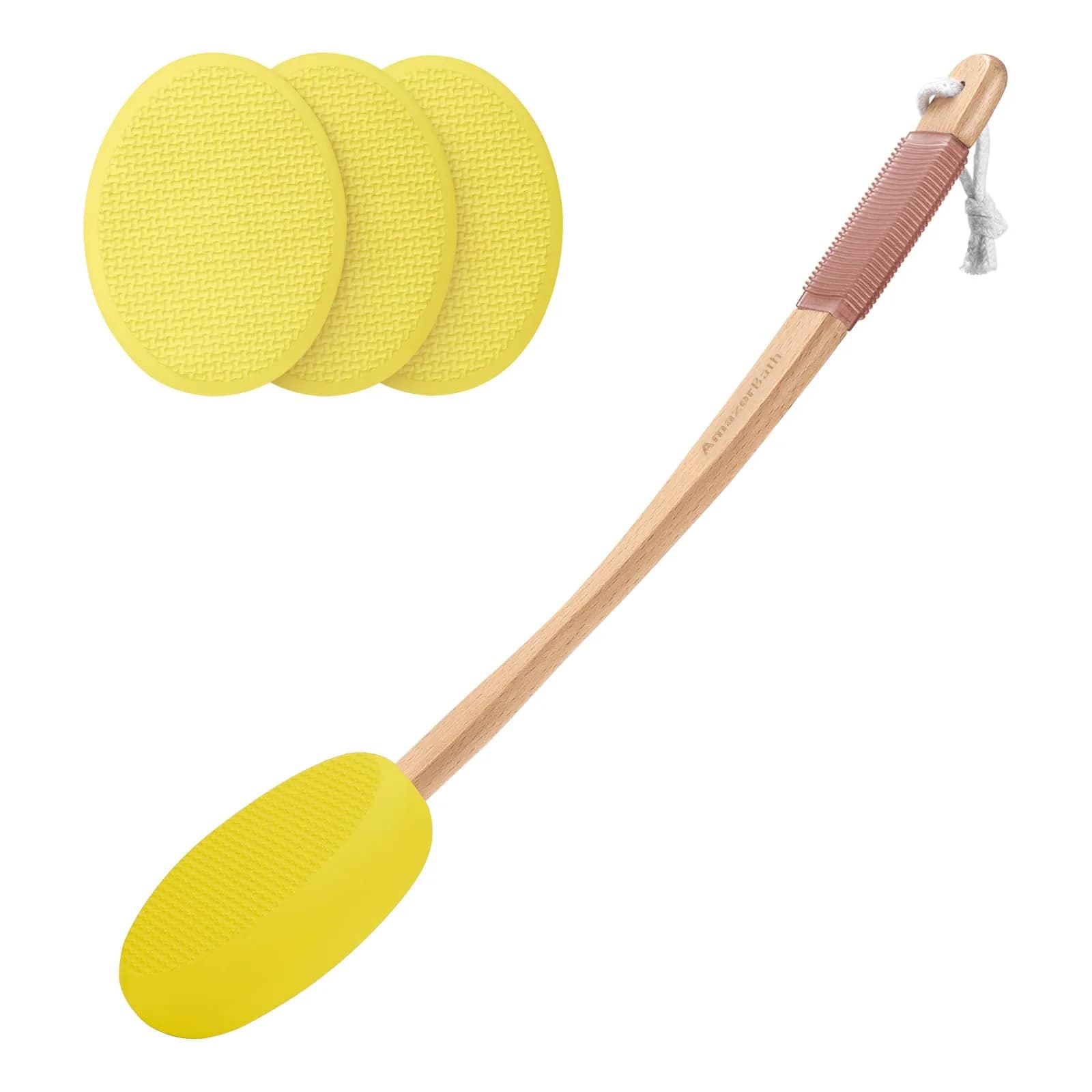 AmazerBath Lotion Applicator Lemon Yellow with 4 Replacement Pads | Curved 17" Handle for Back, Feet, Sunscreen, Medicine - main product image
