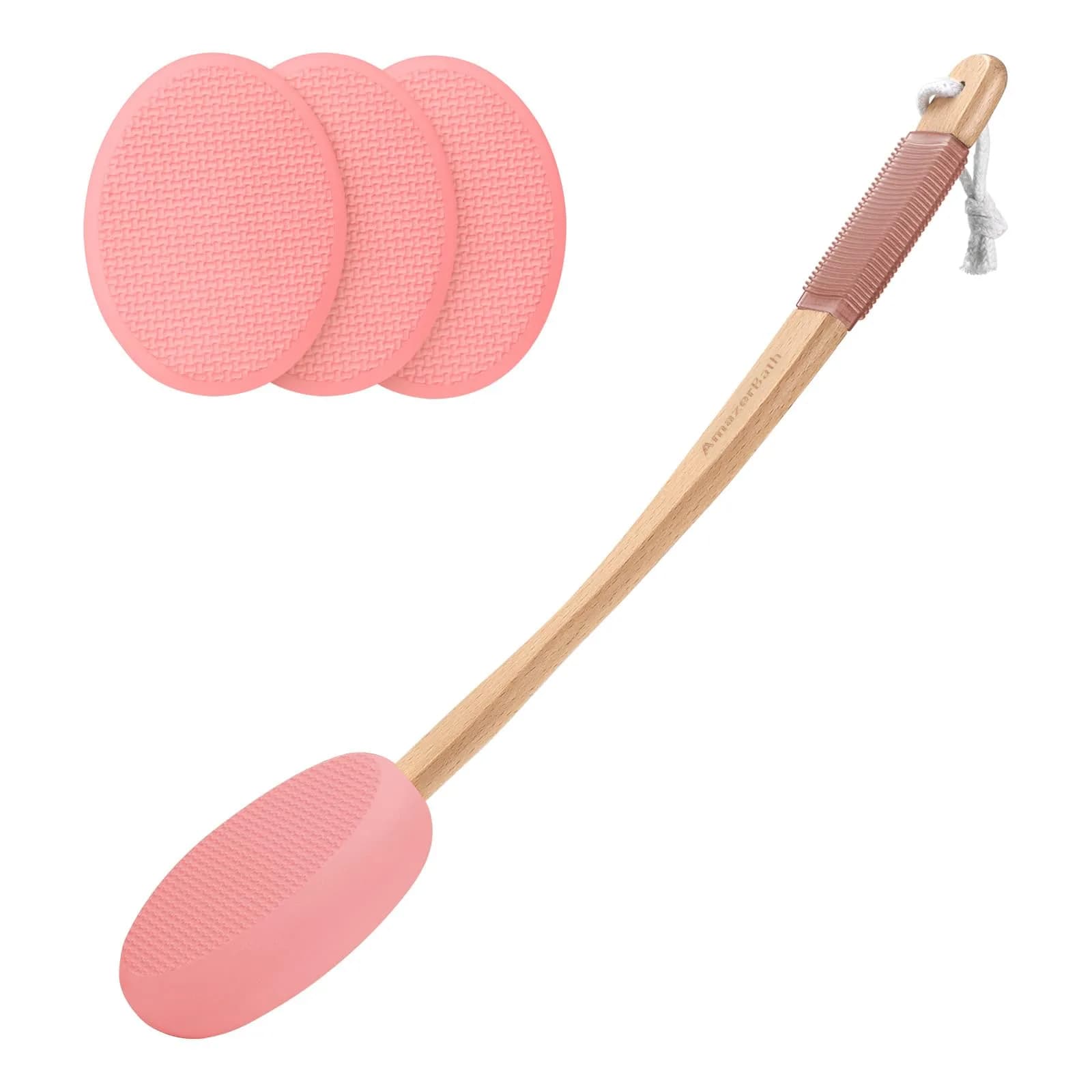AmazerBath Lotion Applicator with 4 Replacement Pads & 17" Curved Handle | FDA Approved for Back & Feet (Apricot Red) - main product image