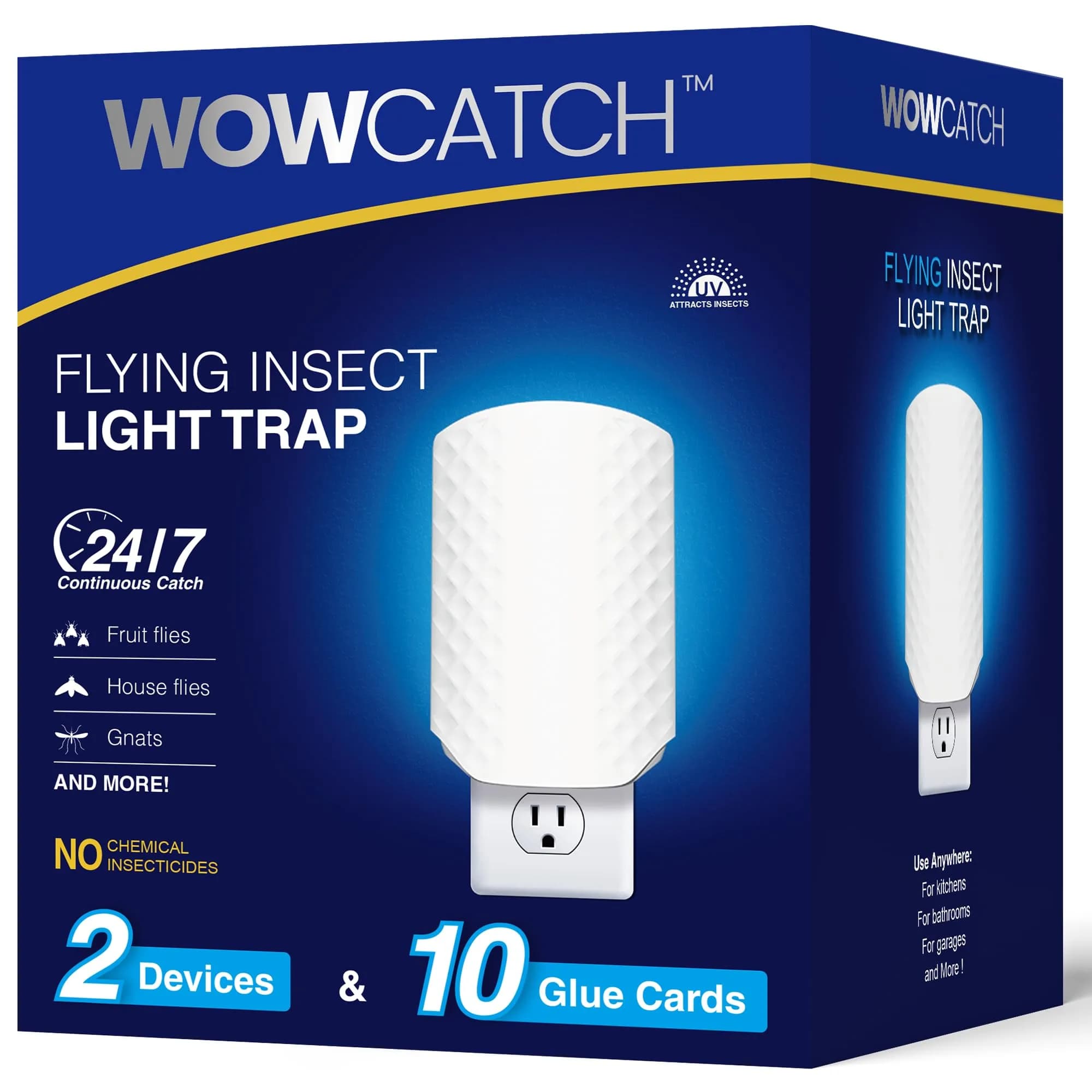 WowCatch Flying Insect Trap for Indoors, Plug-in Fly Trap Bug Catcher with Sticky Cards, 2 Devices + 10 Refills | Upgraded Blue UV Light - main product image