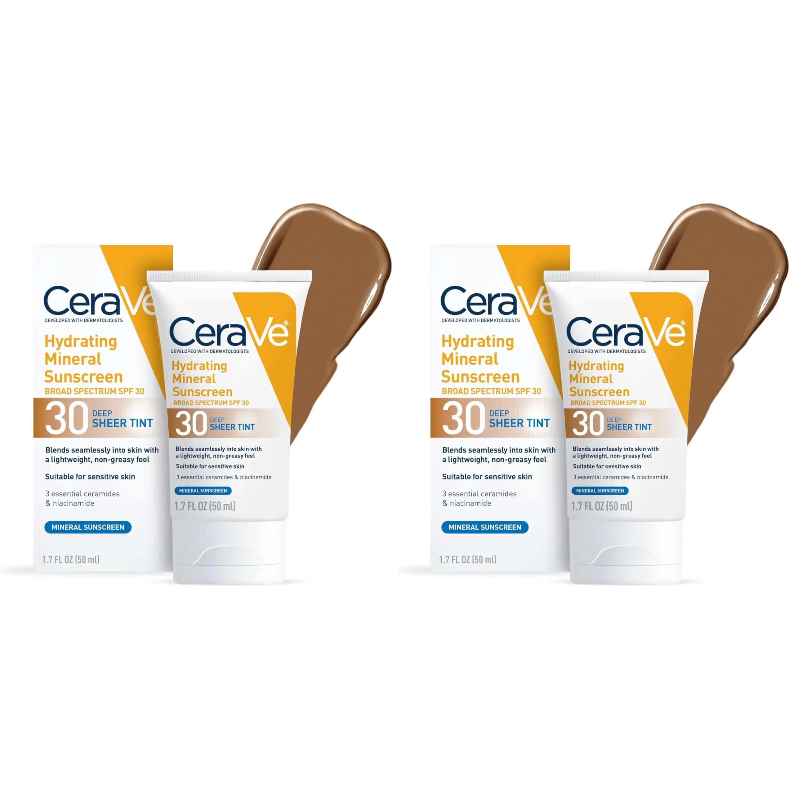 CeraVe Hydrating Mineral Sunscreen SPF 30 with Sheer Tint, Deep, 102ml (3.4 Fl Oz) | Dermatologist-Developed for Healthy Glow - main product image