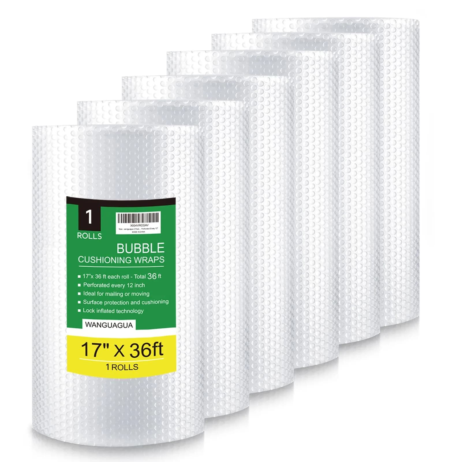 wanguagua Bubble Wrap Roll 43.2cm (17 Inch) x 36 ft (6 Rolls Total) | Perforated for Easy Tearing - main product image