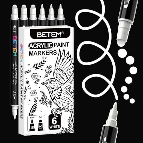 Betem White Dual Tip Acrylic Paint Markers, 6-Pack | Premium Water-Based Art Supplies for Fabric, Rock, Wood, Glass - main product image
