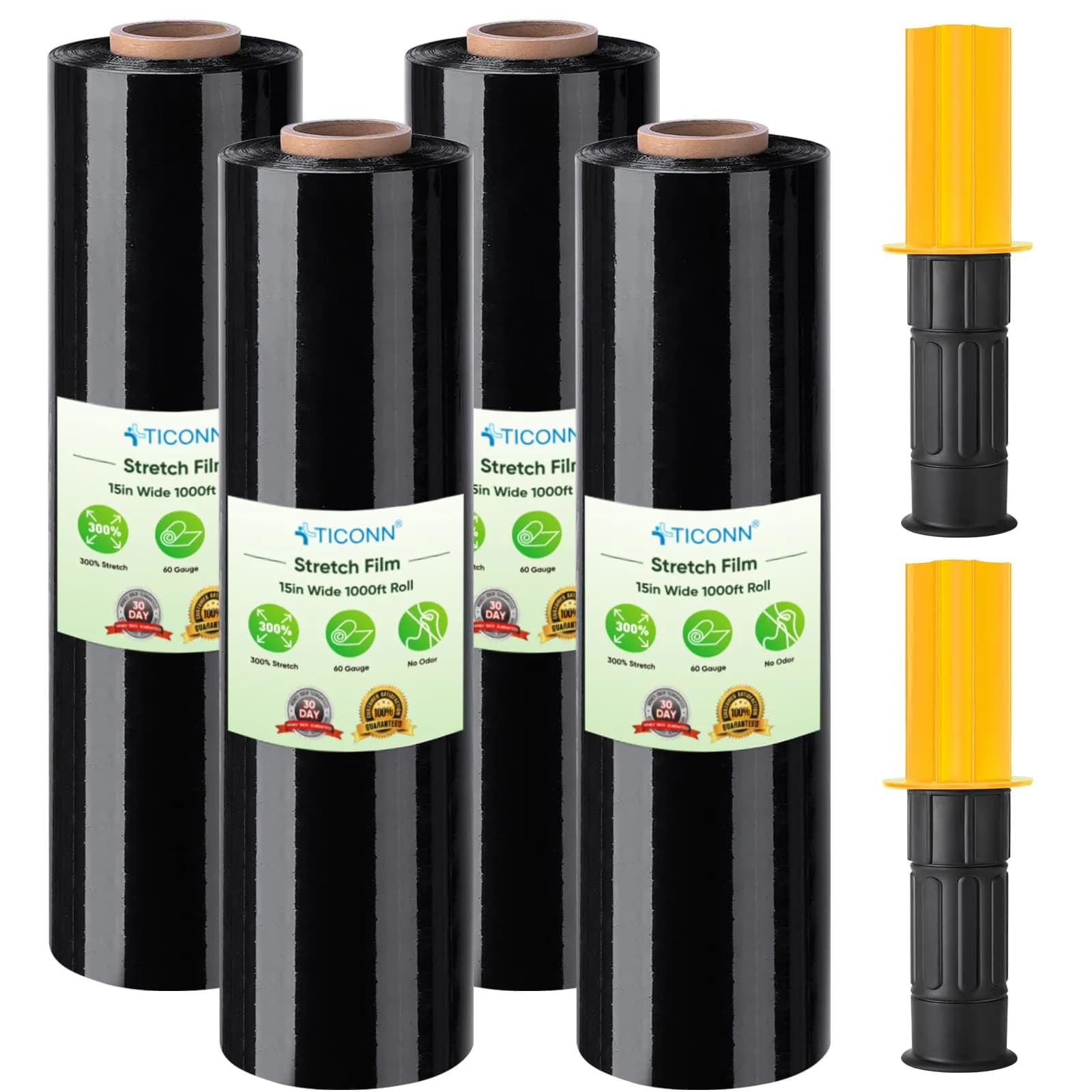 TICONN Industrial Strength Black Stretch Wrap with Handles, 1000ft Roll (4-Pack) - main product image