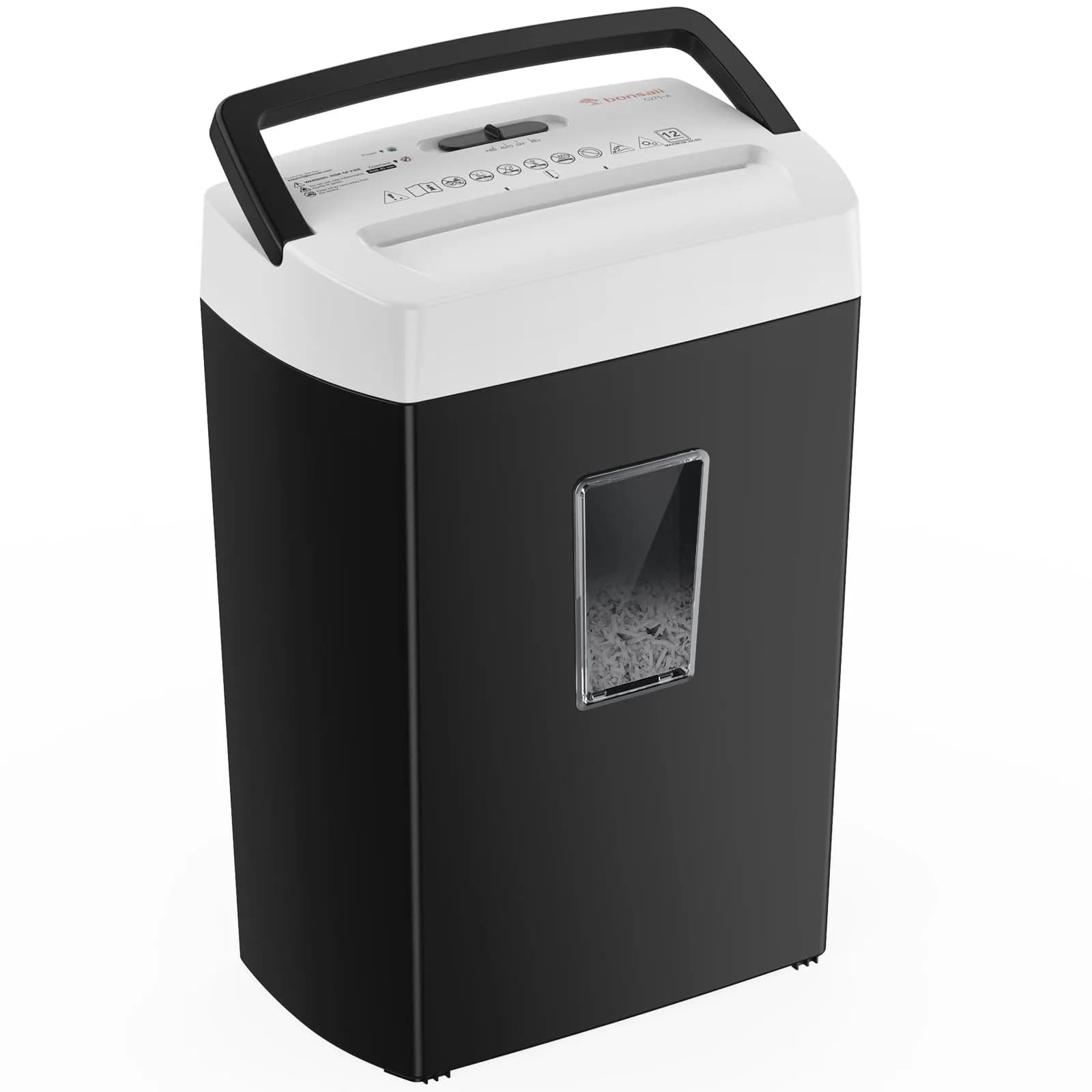 Bonsaii 12-Sheet Cross Cut Paper Shredder with Transparent Window, P-4 Security Level, Black/White - main product image