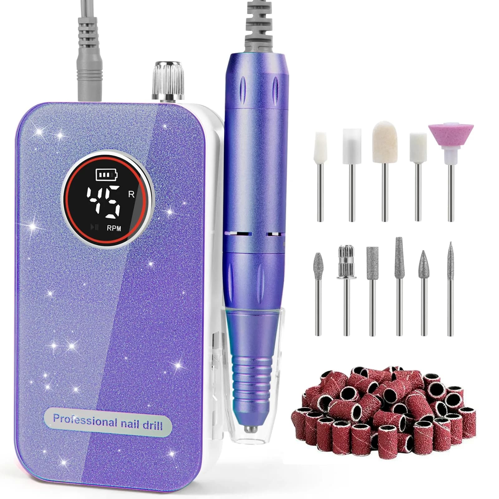 HQMPHQ Professional Nail Drill 45000RPM Purple | High-Speed Electric Nail File for Acrylic Gel Nails - main product image