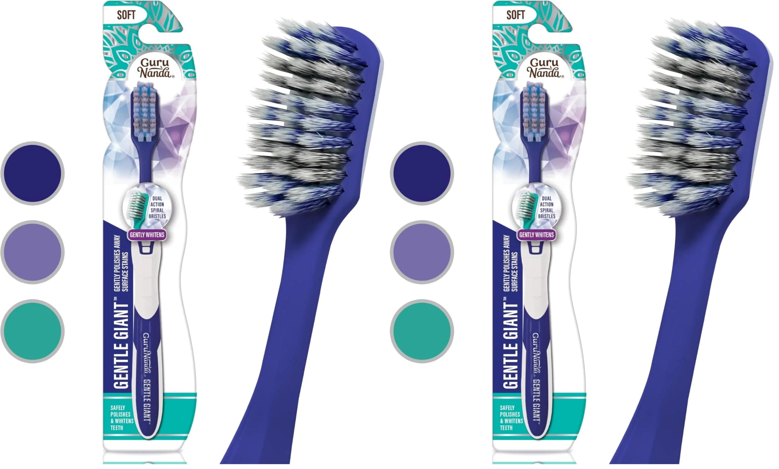 GuruNanda Gentle Giant Toothbrush with Dual Action Flossing Spiral Bristles, Non-Slip Ergo Dexa Grip, BPA Free, 2 Count | Dentist Recommended - main product image