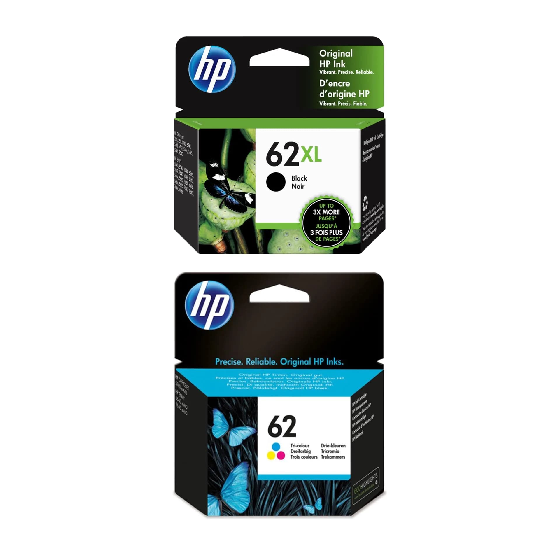 HP 62XL Black & 62 Tri-Color Ink Cartridge Bundle | High-Yield Black, Standard Color - main product image