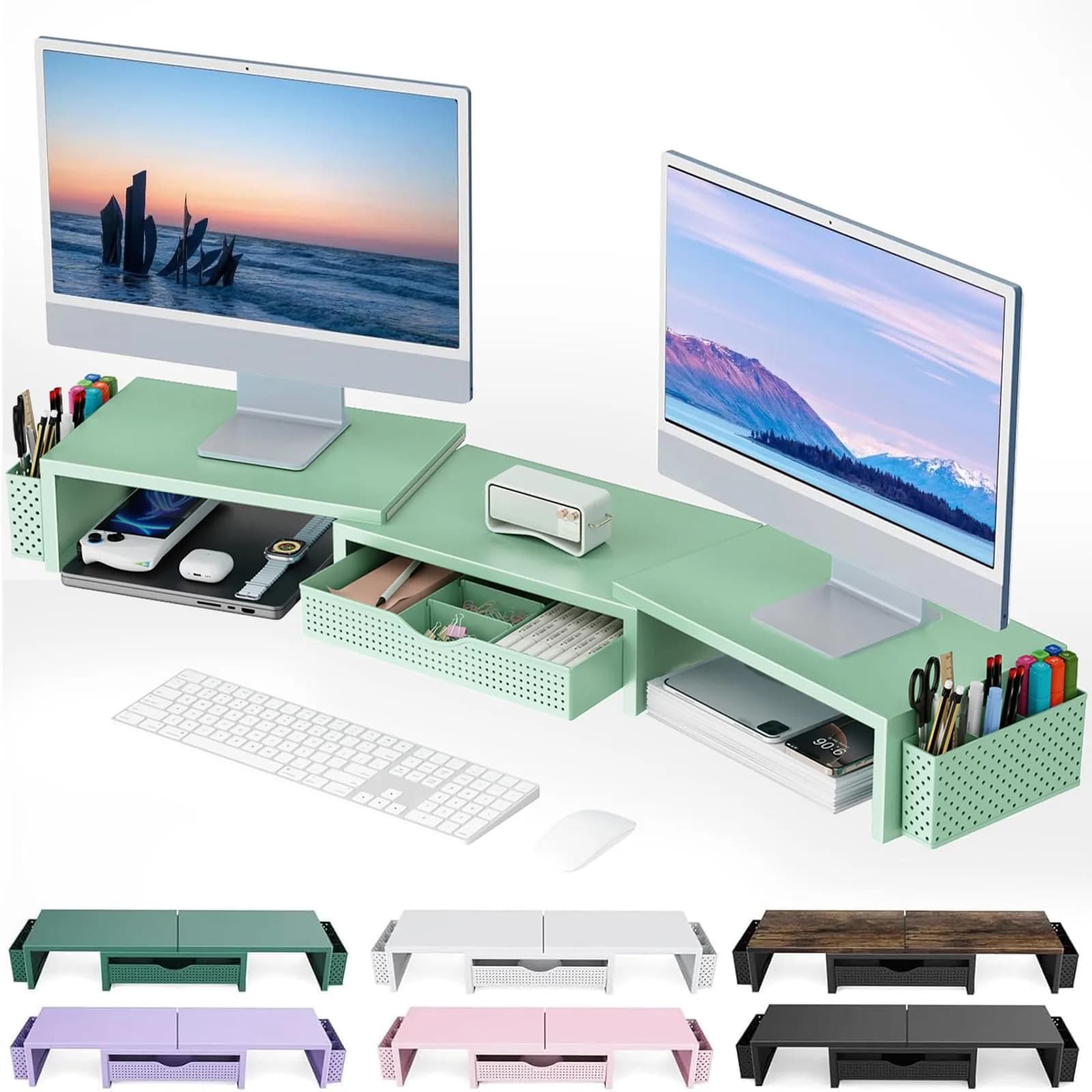 gianotter Dual Monitor Stand Riser with Drawer and Pen Holders, Sage Green | USPTO Patented Organizer - main product image