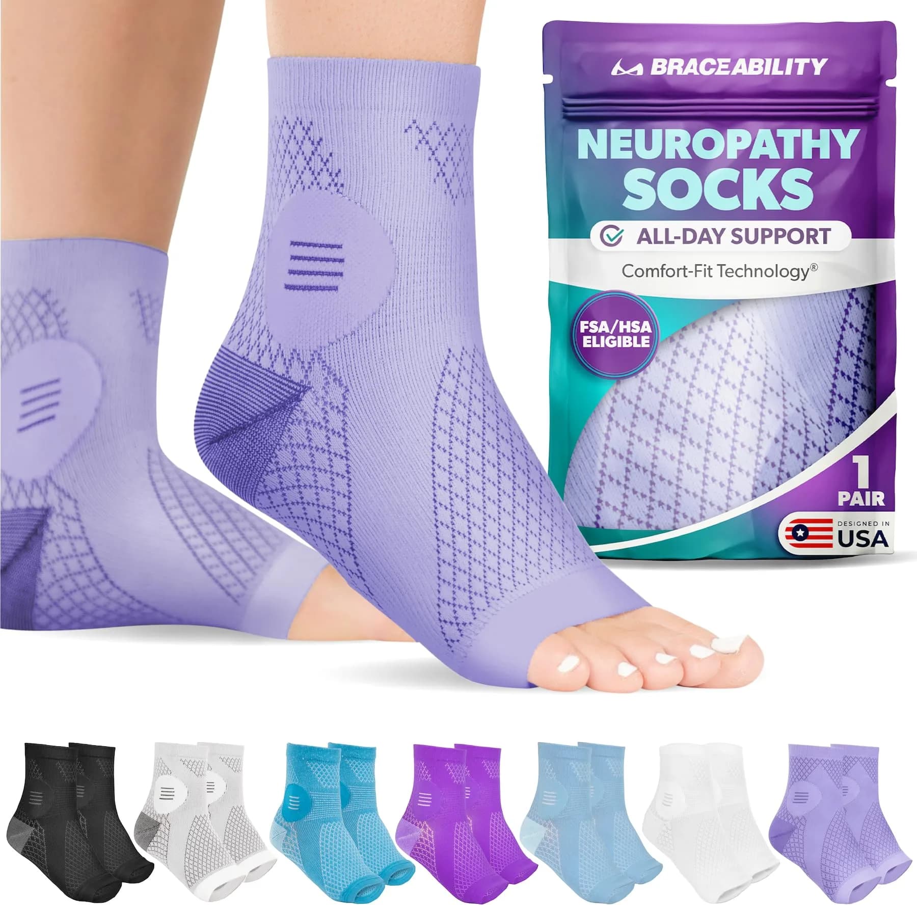 BraceAbility Neuropathy Socks (Pair) - Peripheral Neuritis Compression Diabetic Toeless Foot Sleeves for Nerve Damage Pain in Feet, Ankle Gout, Plantar Fasciitis Relief Brace for Men and Women (Lilac - Standard - 1 Pair, Medium) - main product image